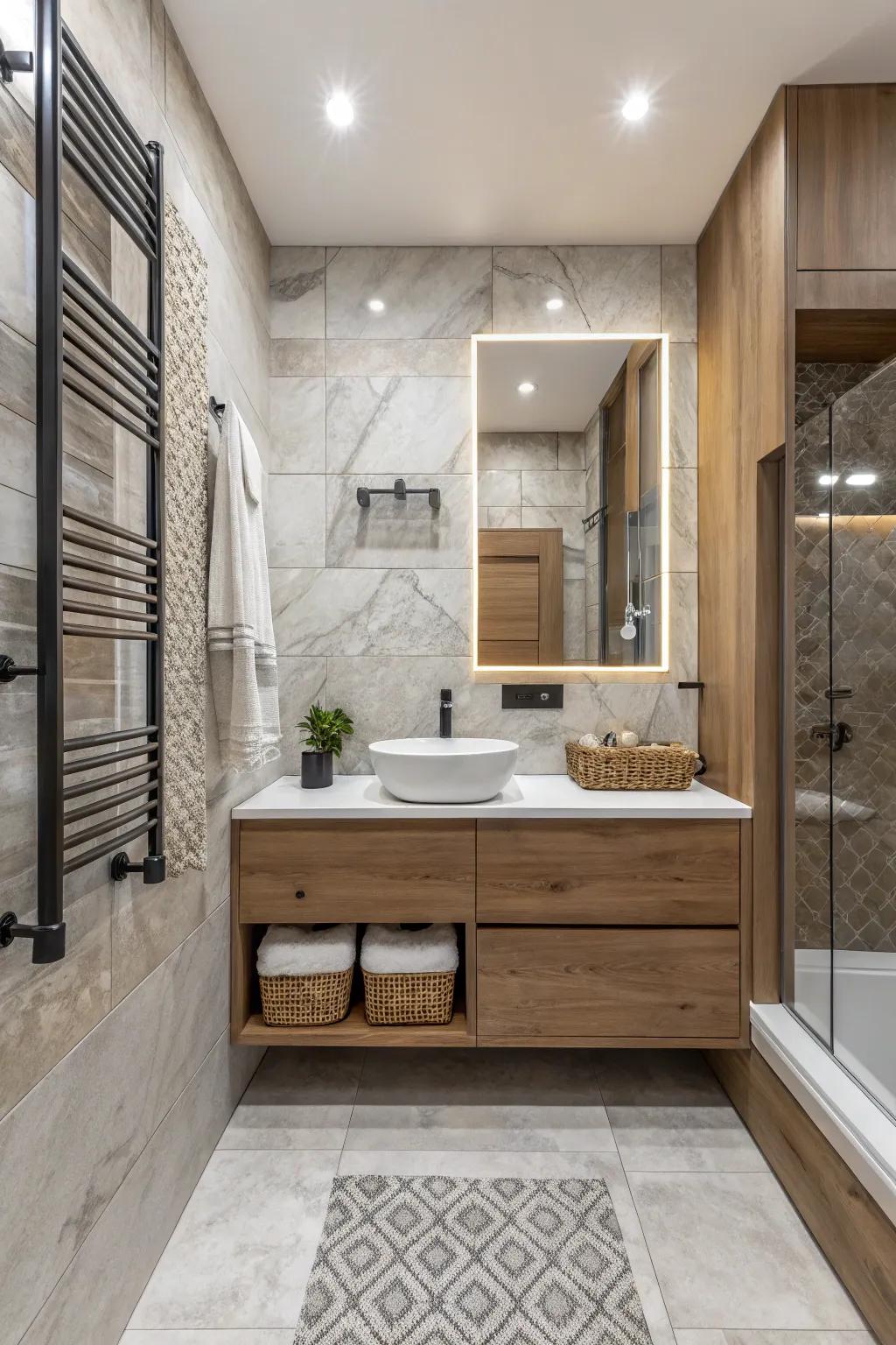Combining various textures adds dimension to the neutral bathroom.