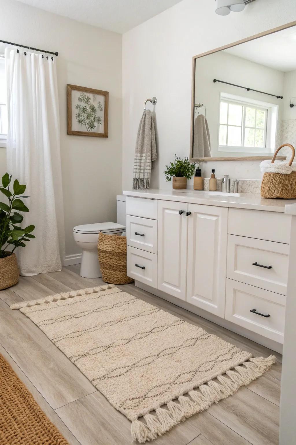 Soft rugs add warmth and comfort to the bathroom floor.