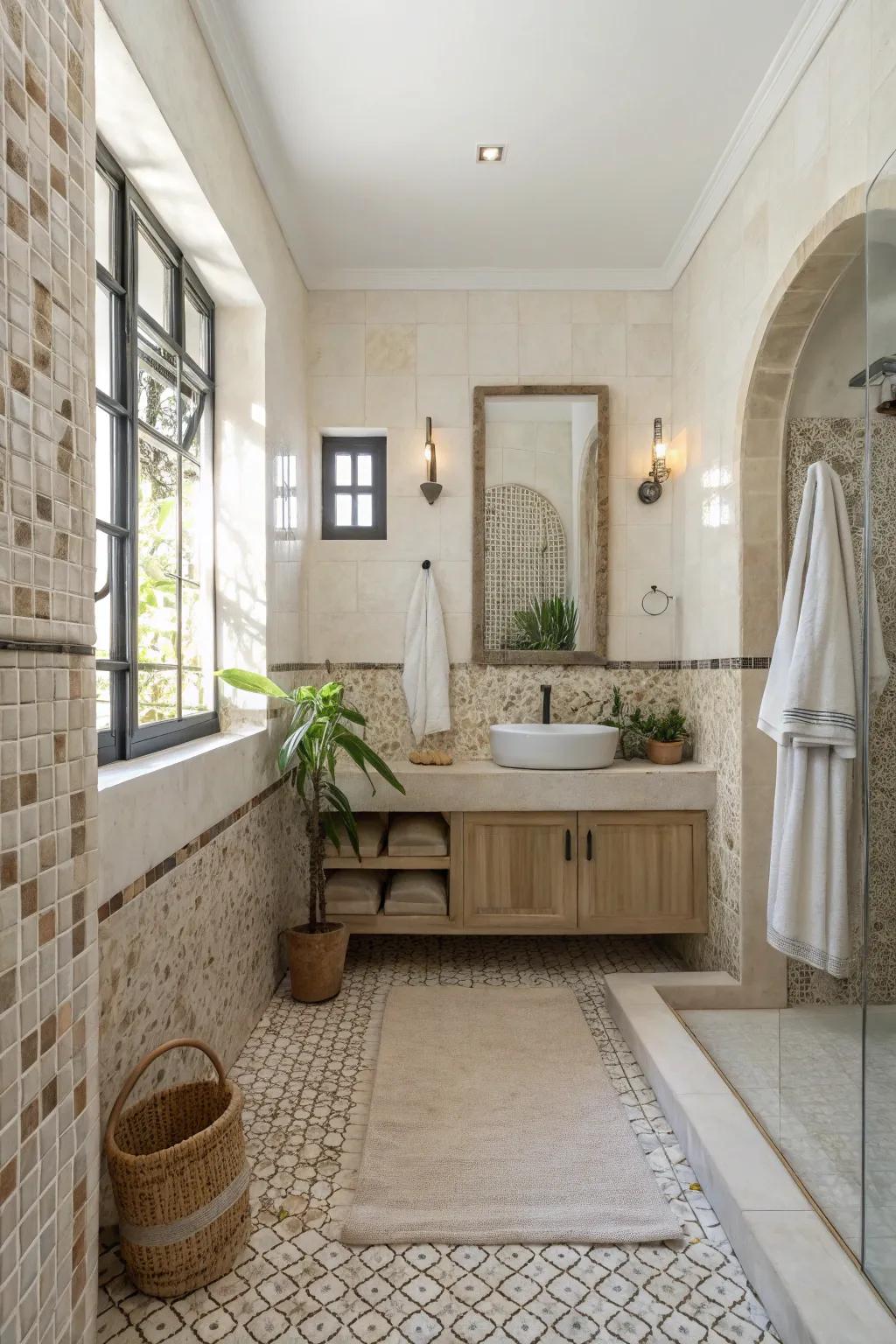 Neutral mosaic tiles create artistic focal points.