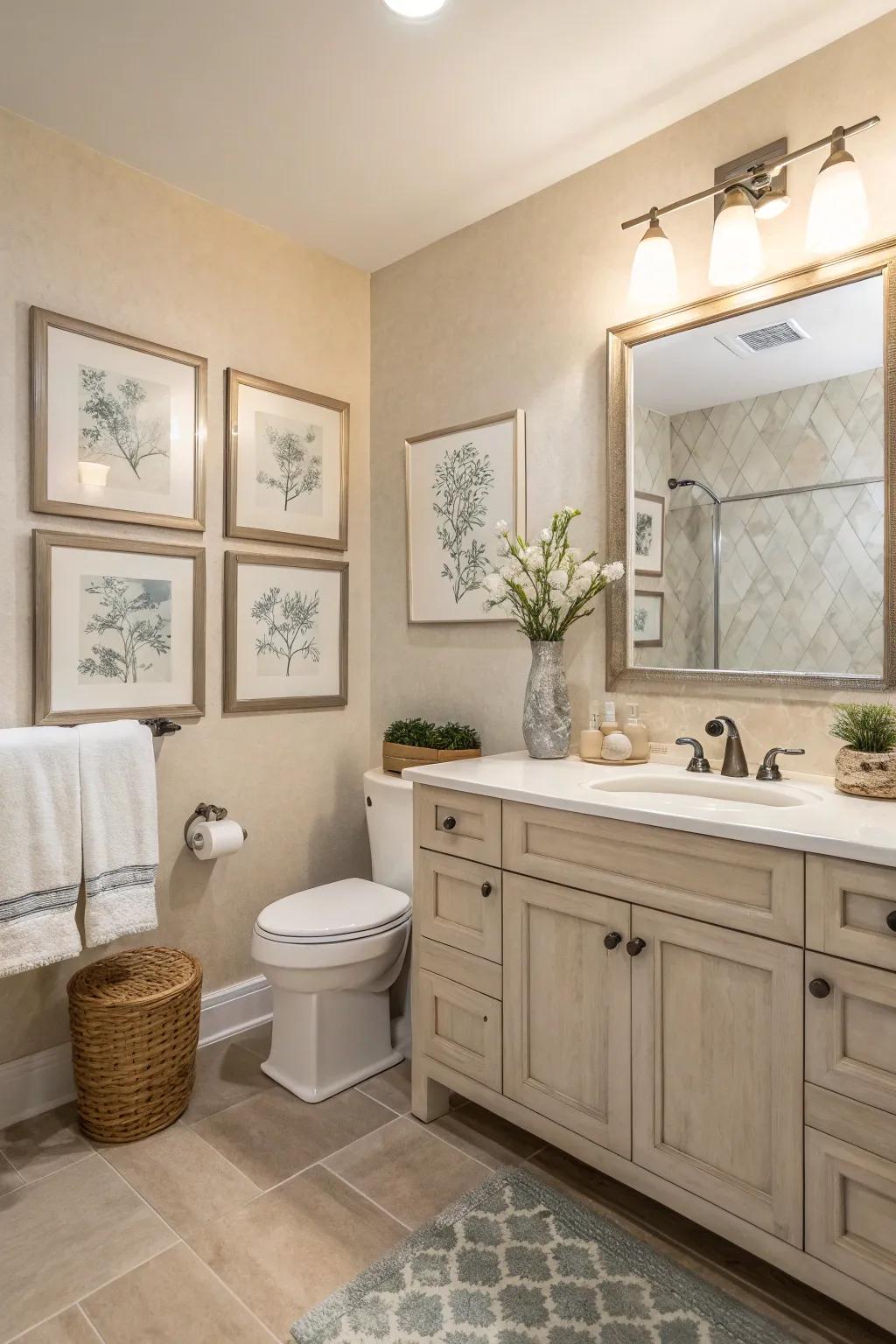 Subtle wall art personalizes the neutral bathroom space.