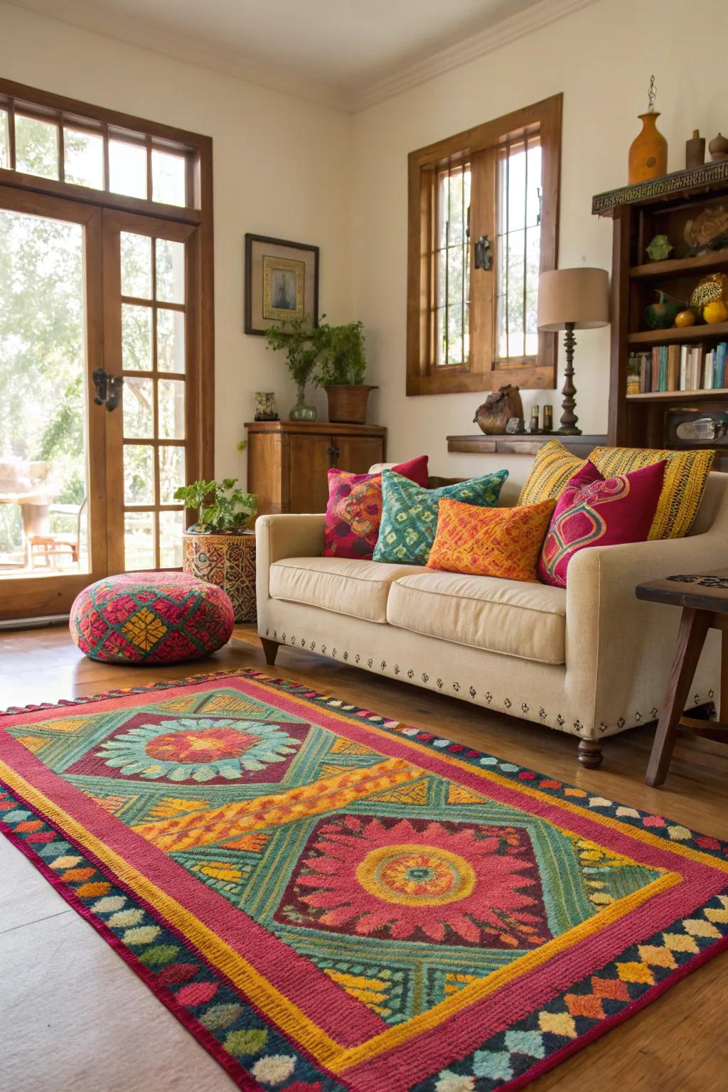 Colorful accents like rugs and cushions enliven the space.