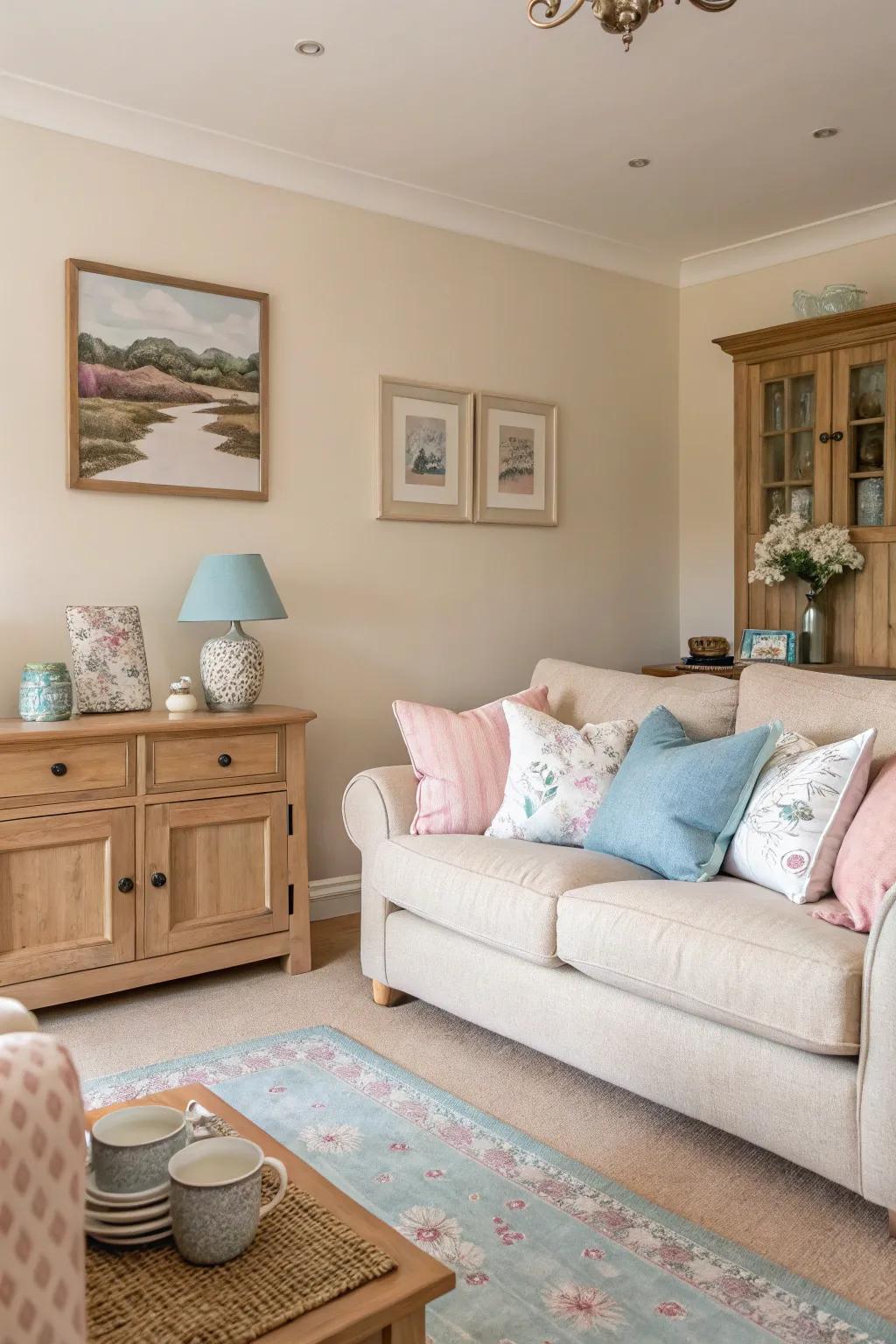 Soft pastel and neutral tones create a tranquil living room.