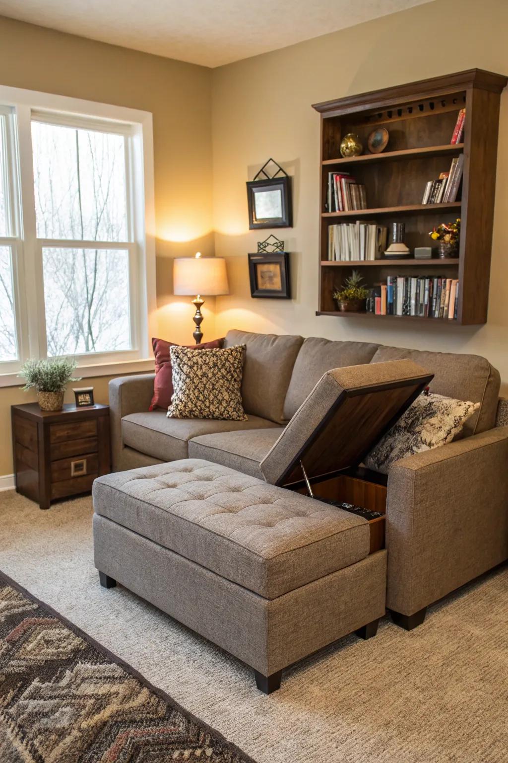 Multi-purpose furniture enhances both style and practicality.