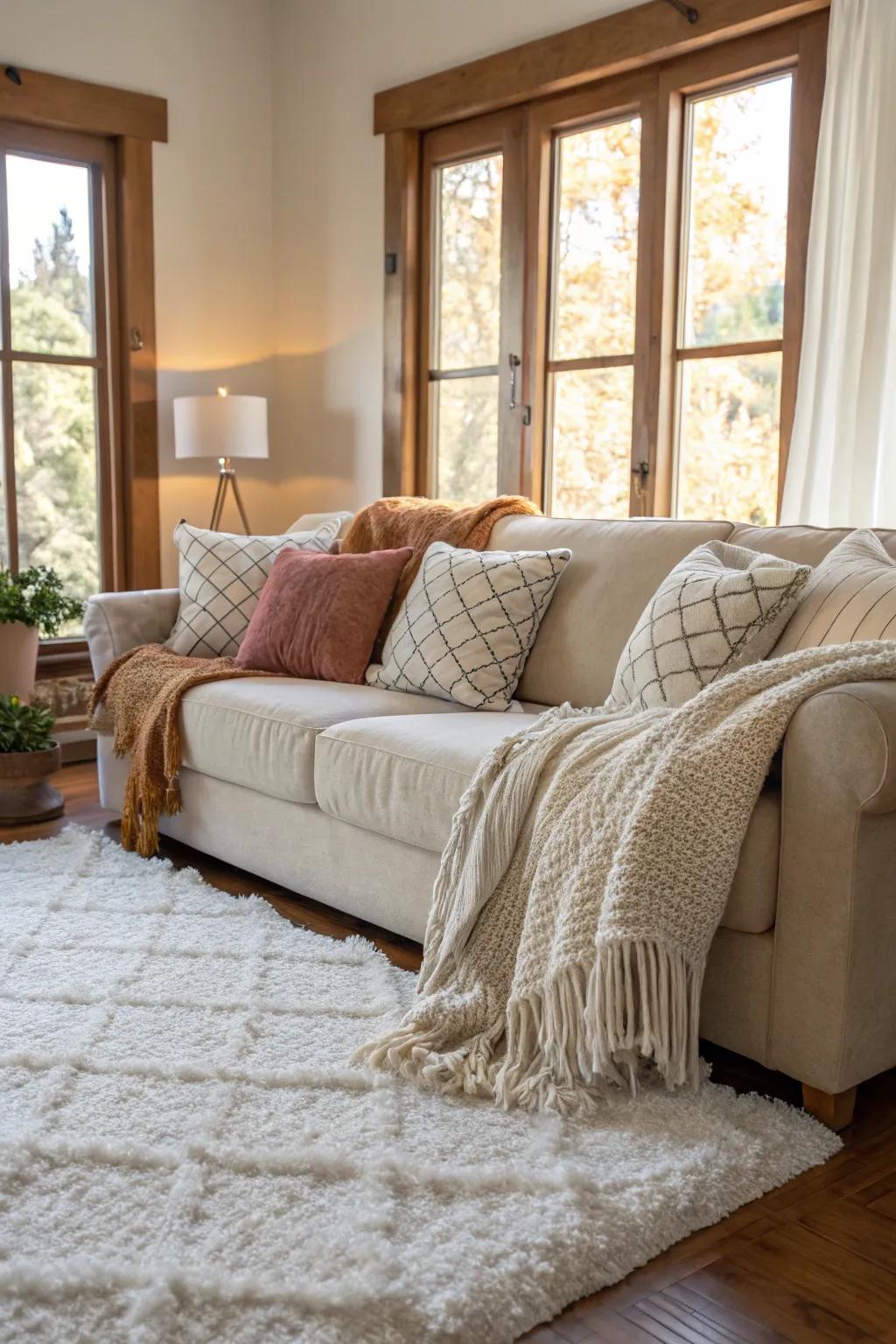 Soft textures like rugs and blankets enhance comfort.