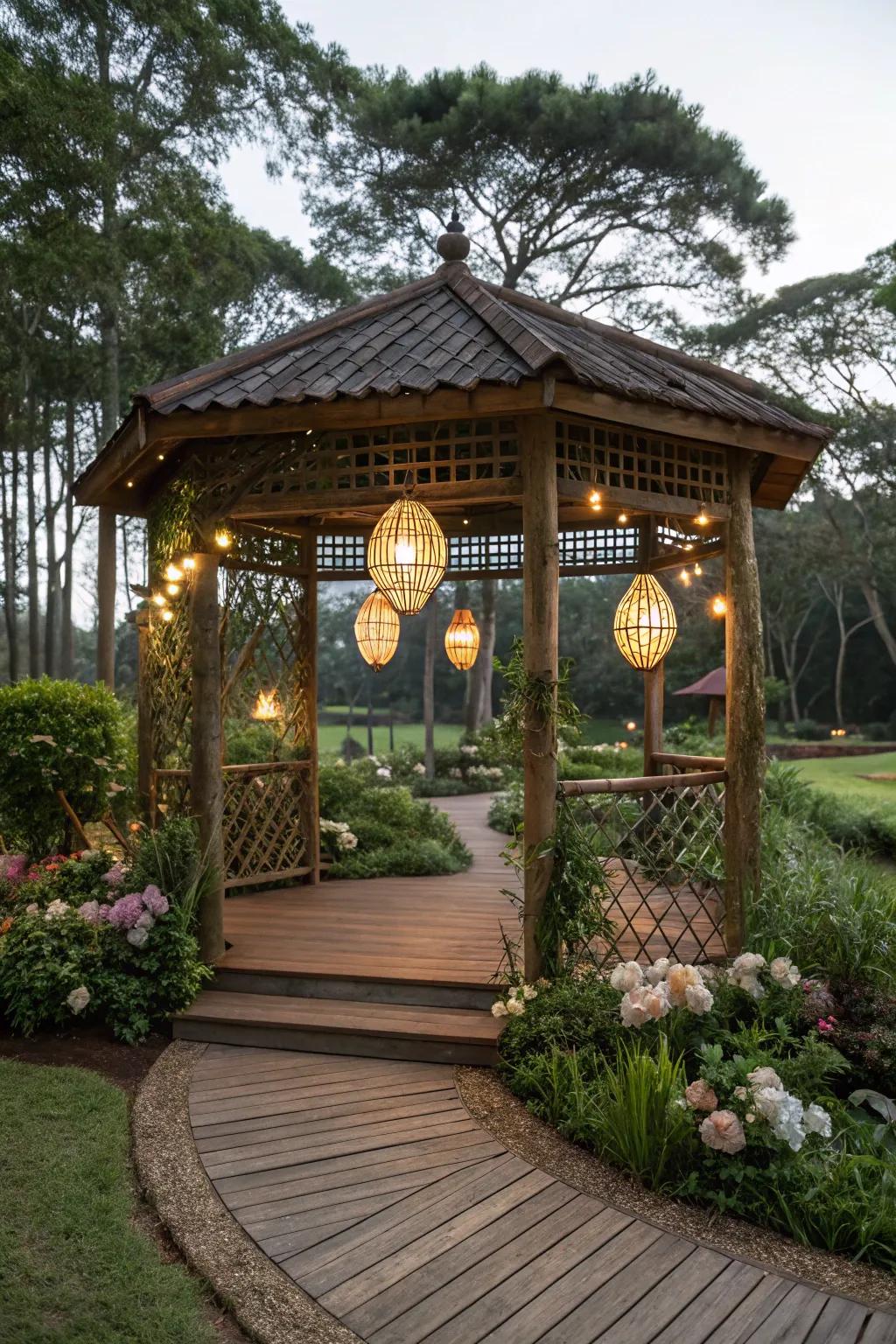 Bamboo lights adding a tropical ambiance to an outdoor space.