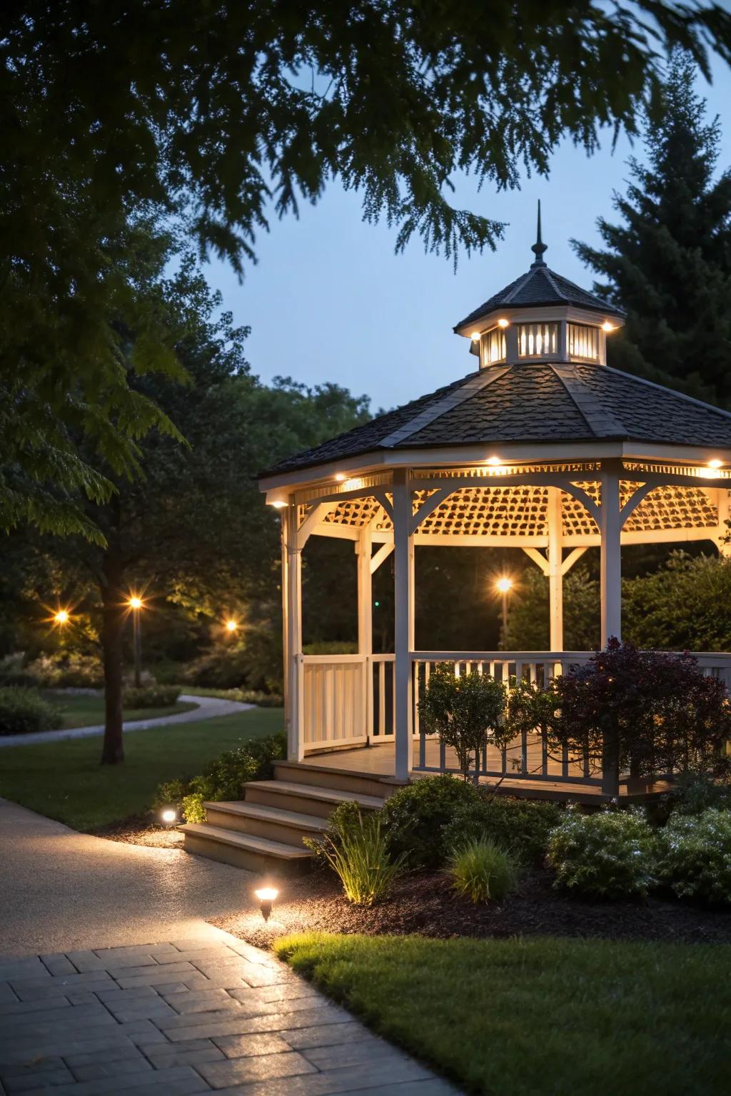 LED spotlights highlighting gazebo details.