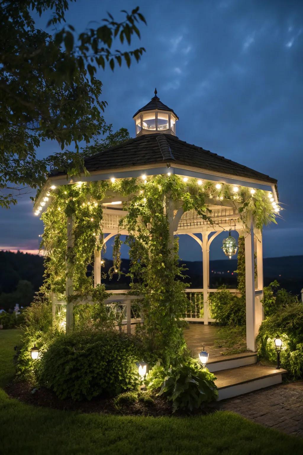 Uplights blending gazebo with surrounding plants.
