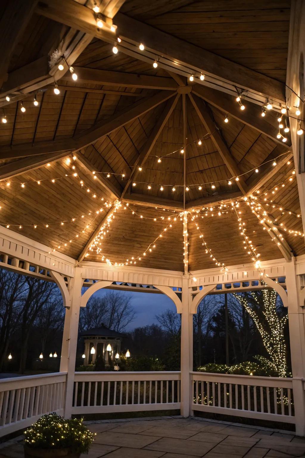 Fairy lights woven through gazebo beams.