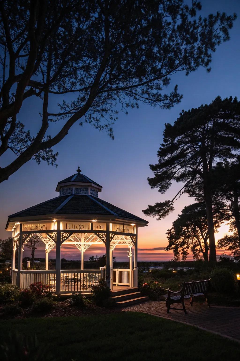 Solar-powered lights illuminating a gazebo sustainably.