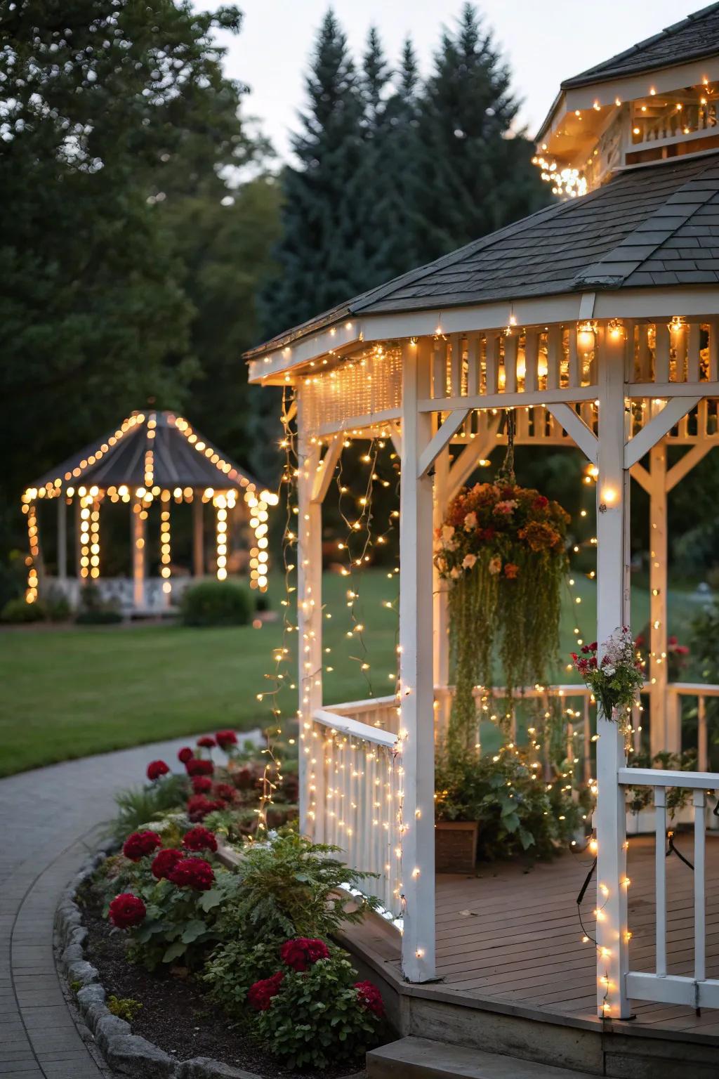 Festoon lights creating a festive atmosphere in a gazebo.