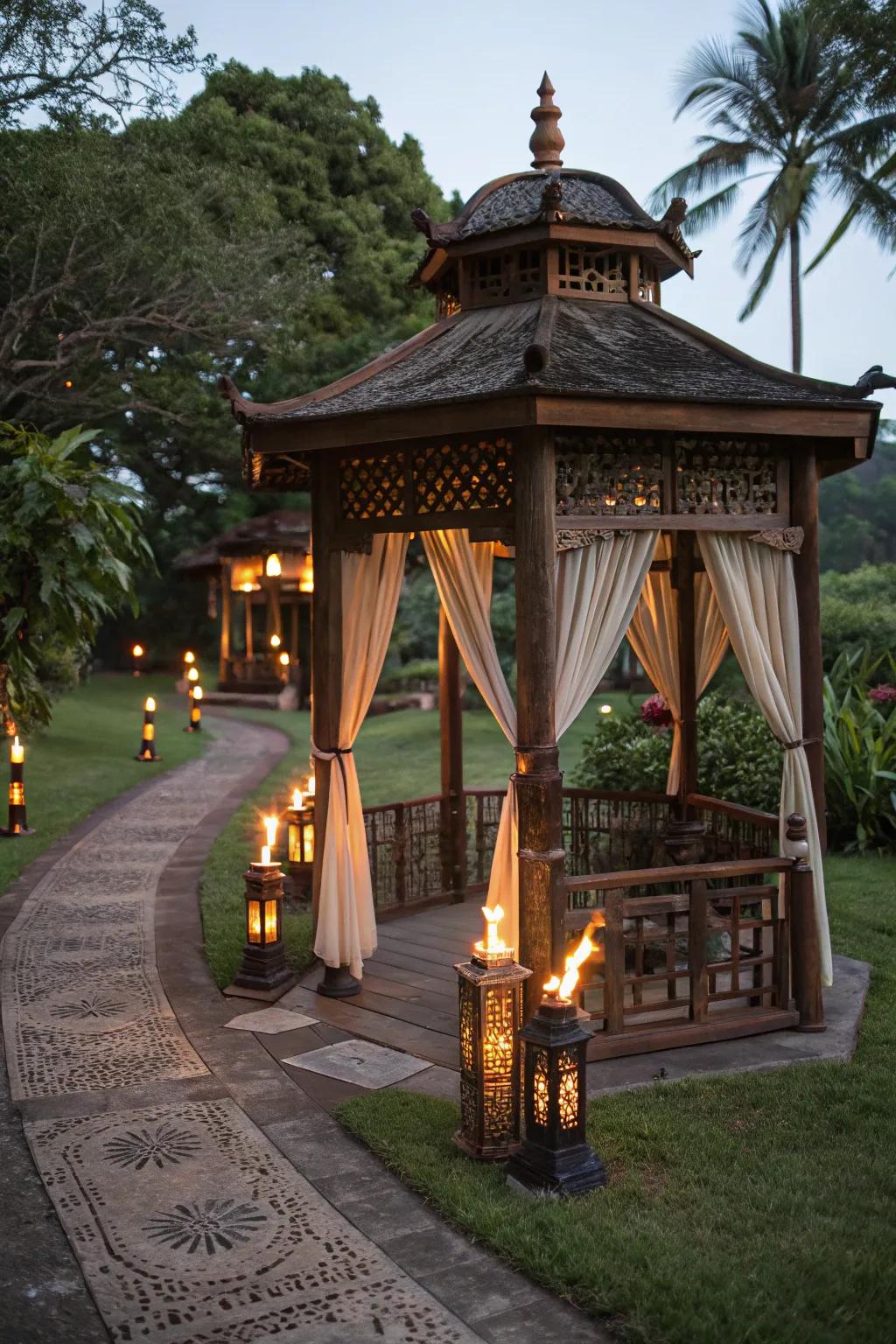Tiki torches lining a gazebo for a tropical feel.