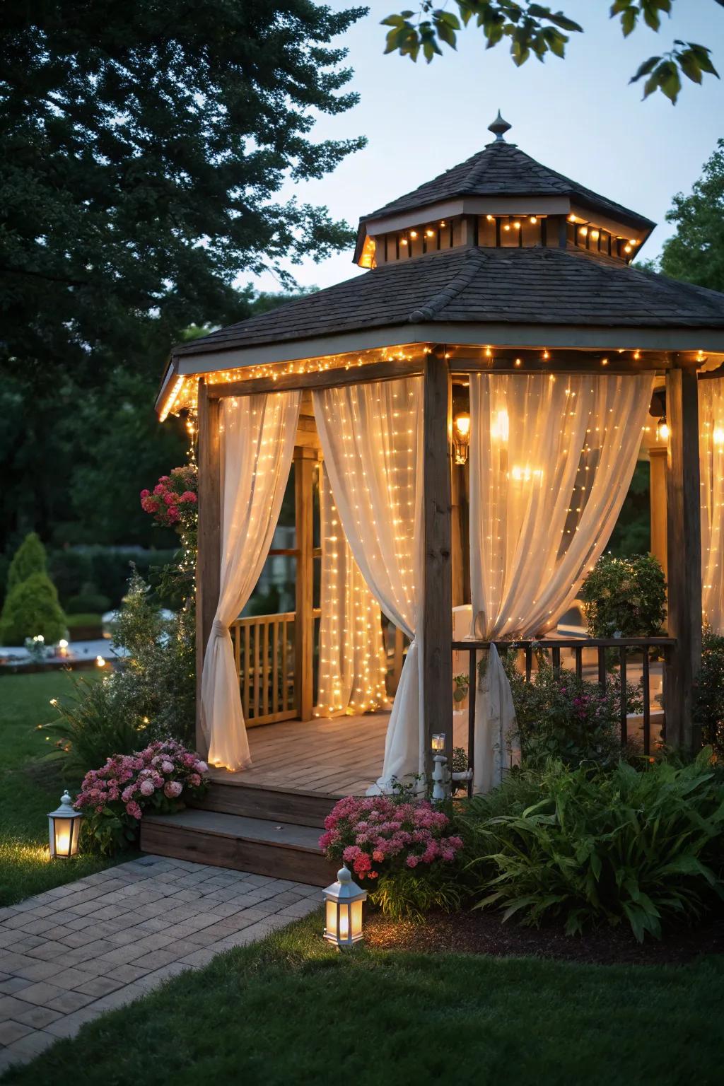 Curtain lights creating a cozy gazebo atmosphere.
