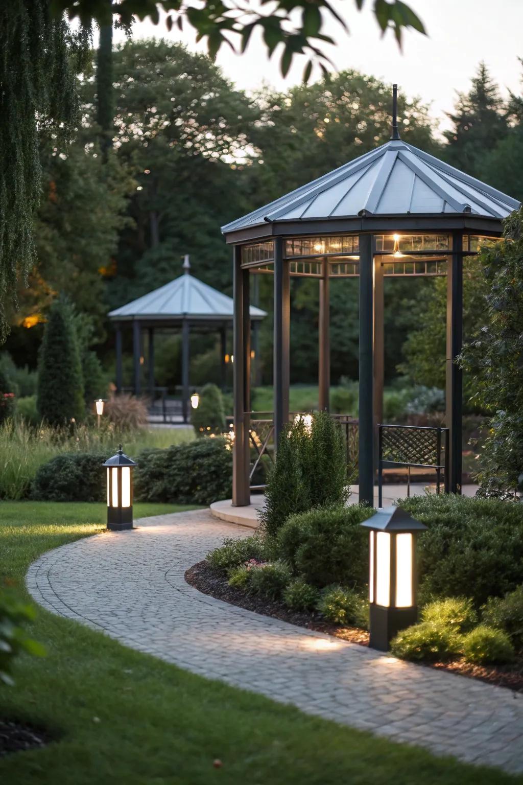 Minimalist lighting design in a modern gazebo.