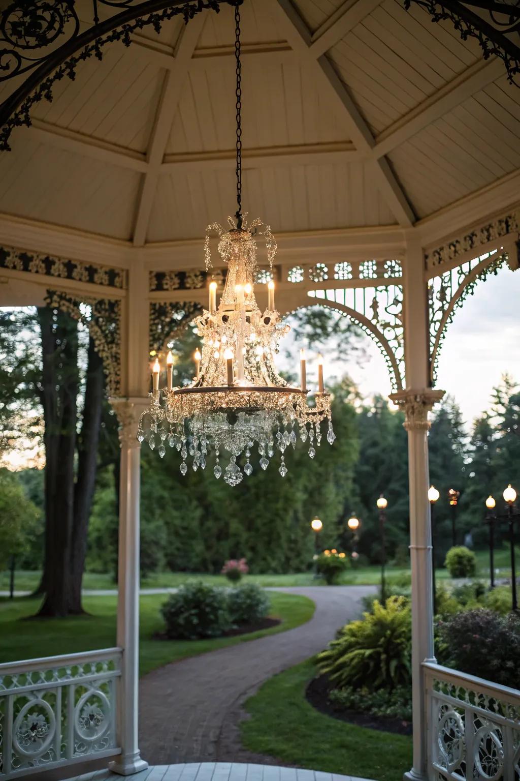 Chandelier as a stunning focal point in a gazebo.