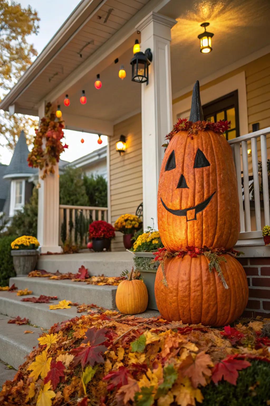 Greet visitors with a large pumpkin carved into a warm, friendly face.