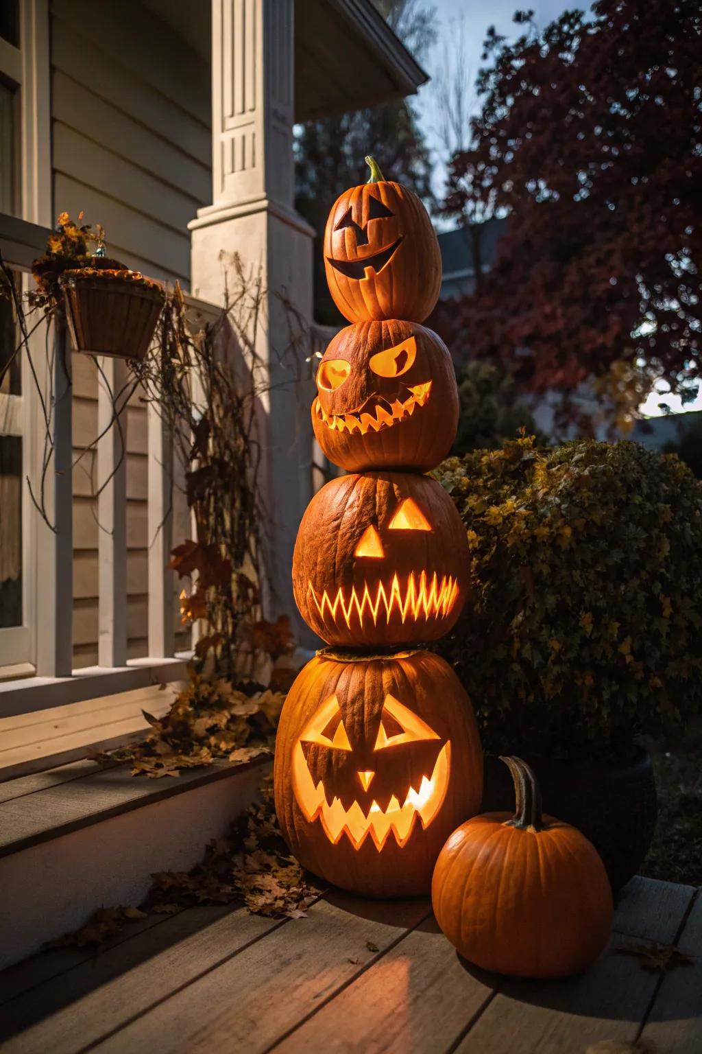 Stack pumpkins vertically, each carved with a unique scary face, for a dramatic display.