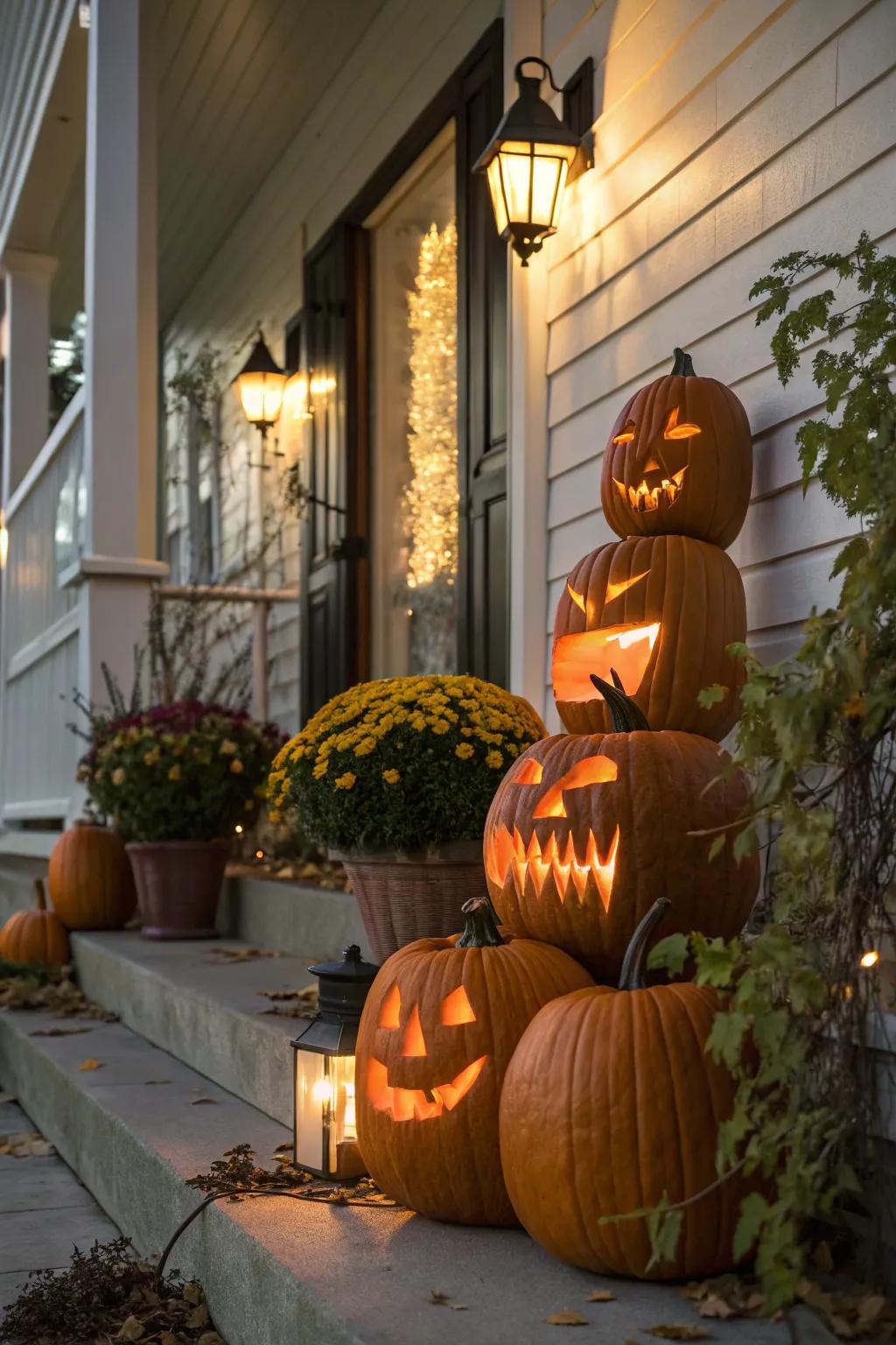 Arrange a collection of ghost-faced pumpkins to create a spooky ambiance.