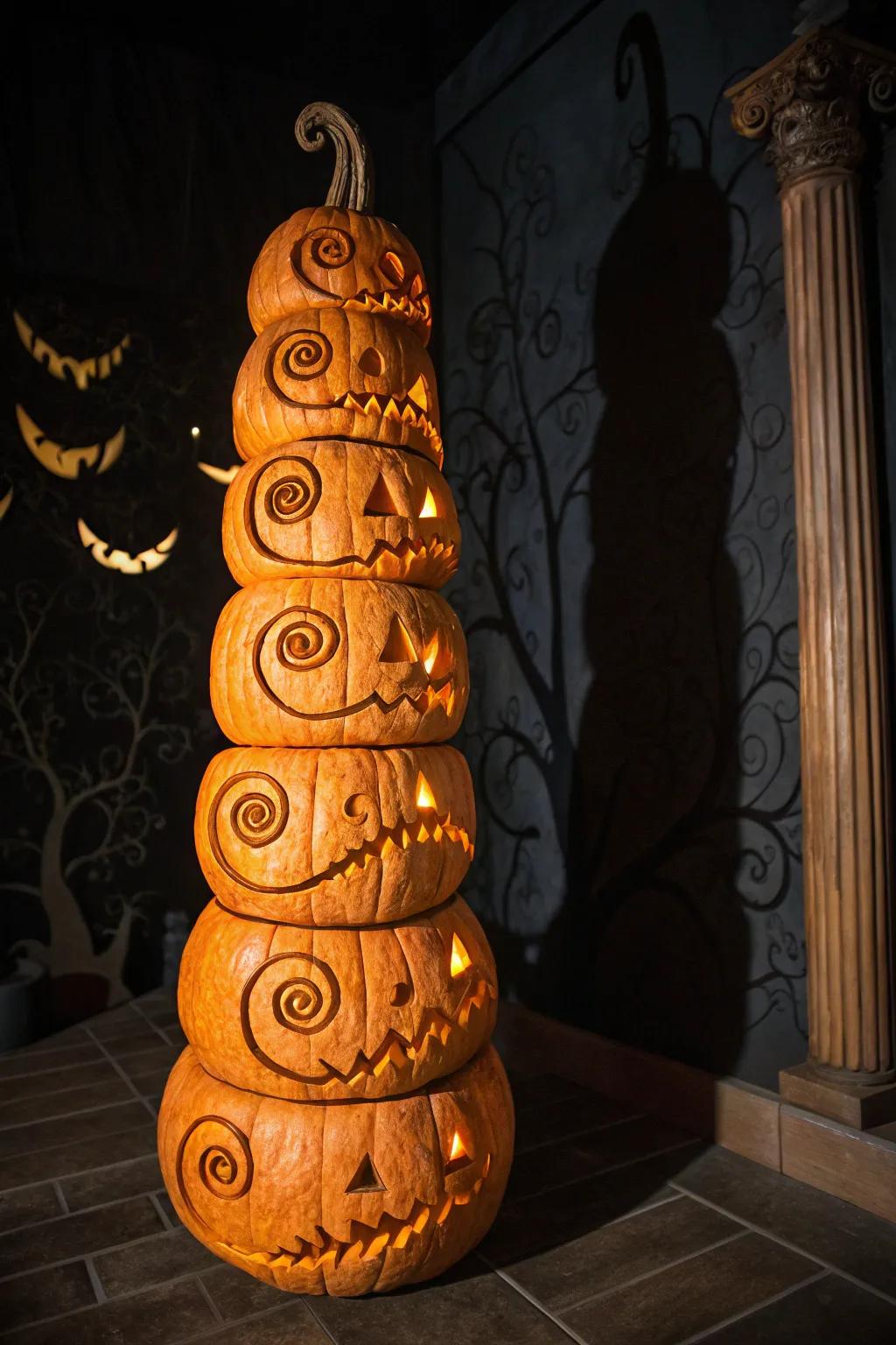 Add a dynamic twist with a spiral pattern featuring spooky faces carved into your pumpkin.