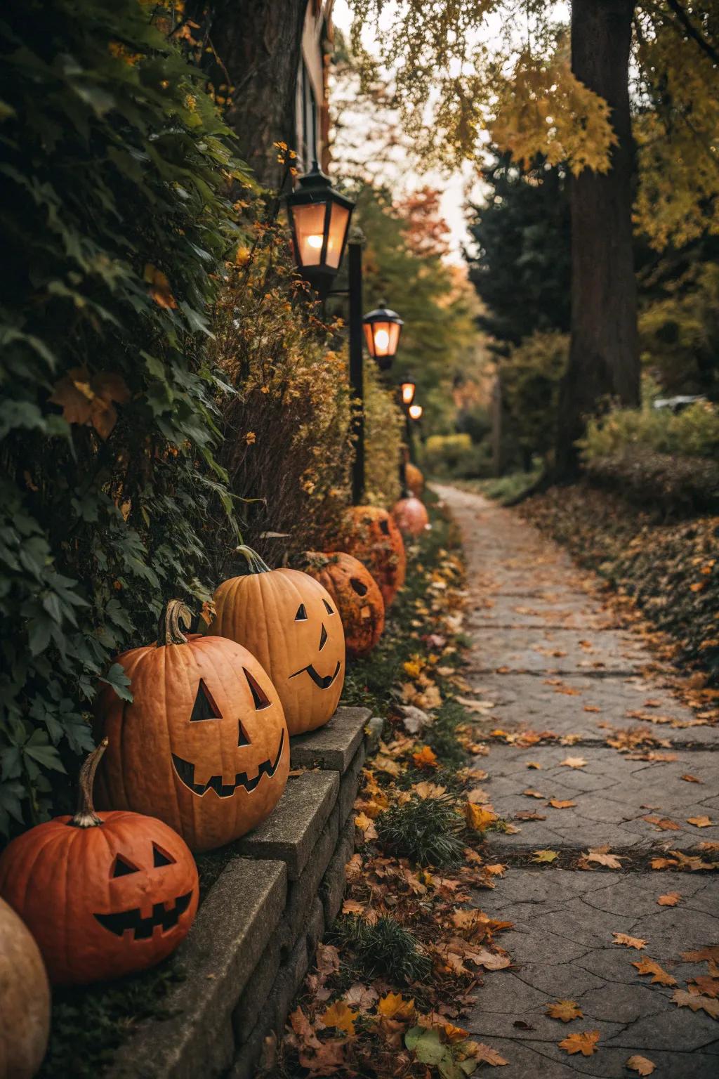 Line your garden path with a charming village of tall pumpkins, each with a unique face.