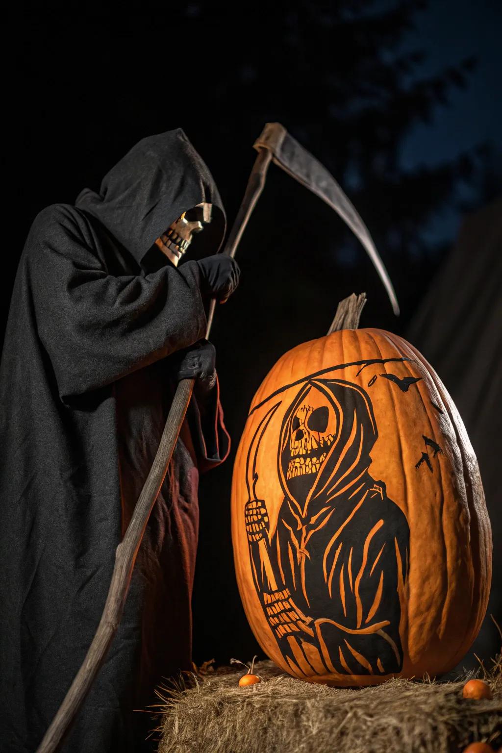 Create a chilling atmosphere with a grim reaper-inspired pumpkin design.