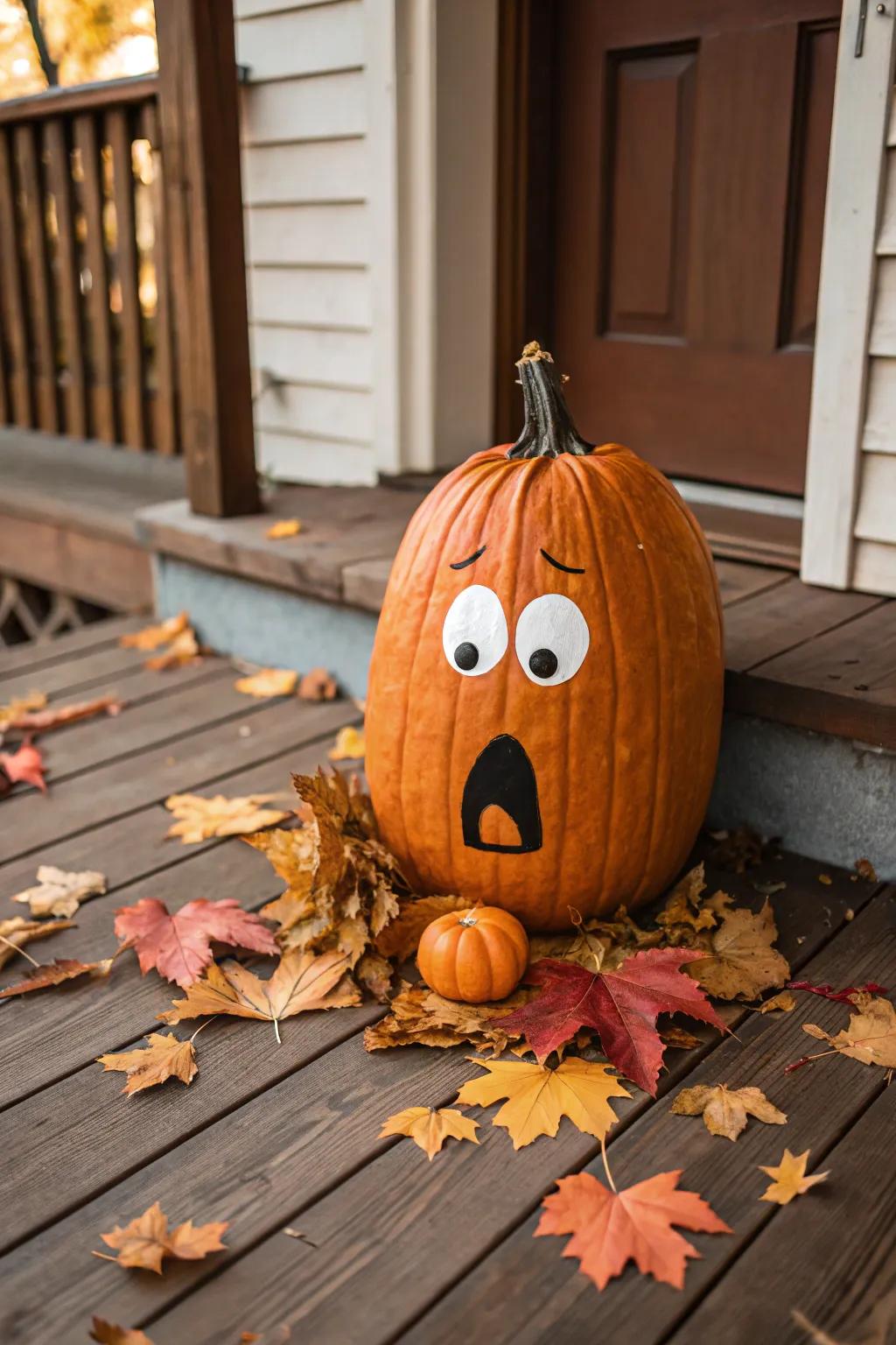 A tall pumpkin carved with a surprised expression adds whimsy and charm.