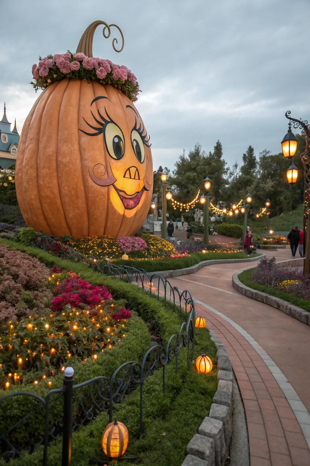 Add a whimsical touch with a fairy tale-inspired pumpkin face featuring delicate details.