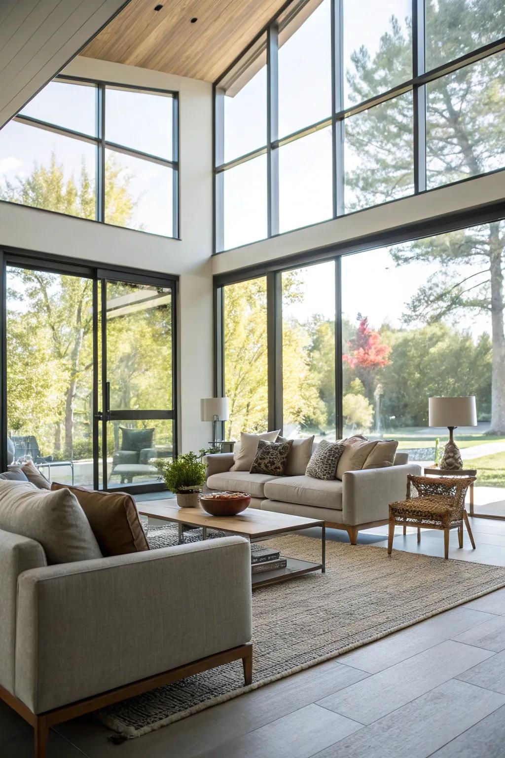 Large modern windows in a living room, letting in natural light.
