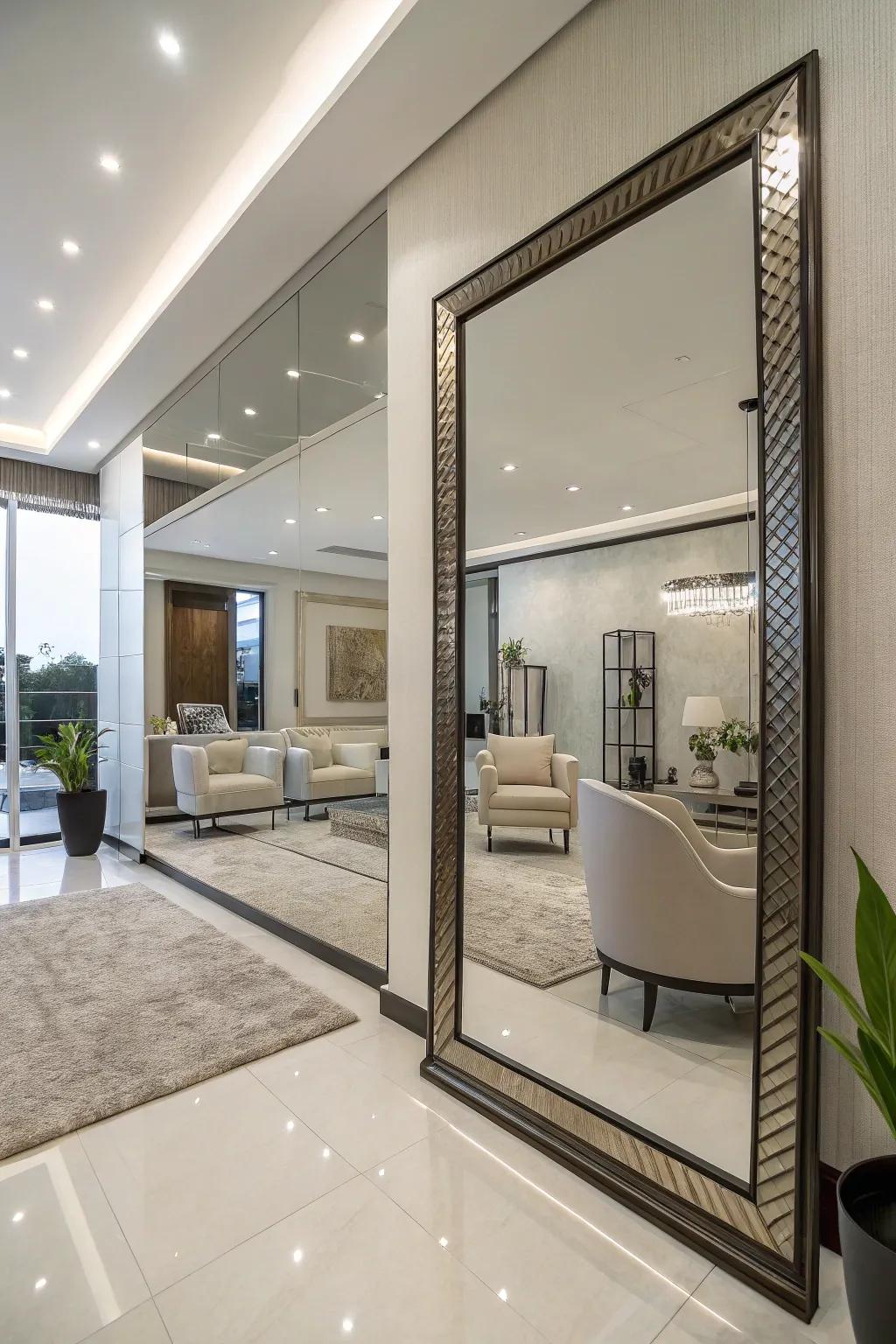 A modern interior with a large mirror enhancing space.