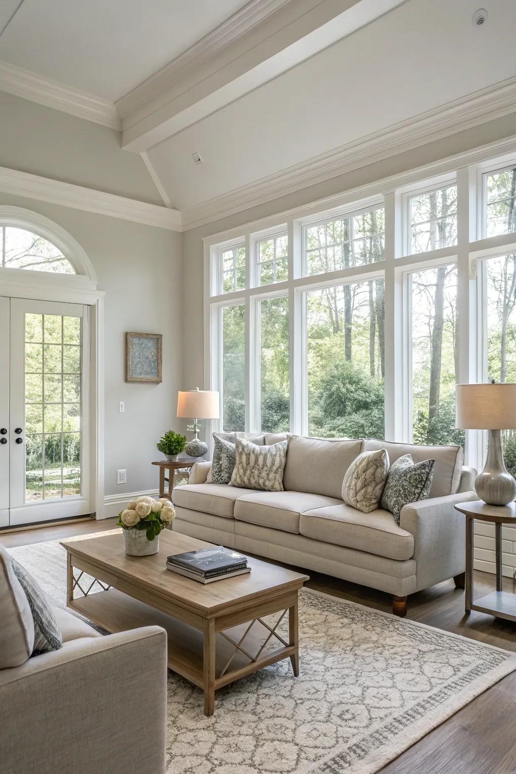 A modern living room with a neutral color palette.
