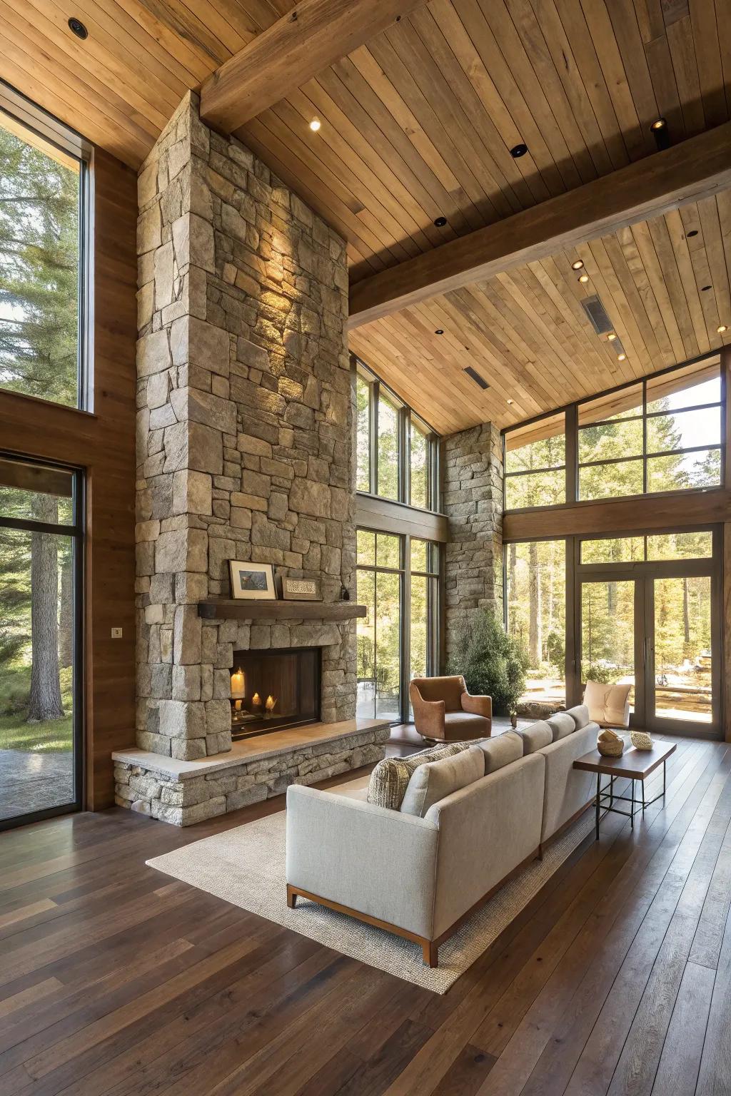 A modern interior featuring wood and stone elements.