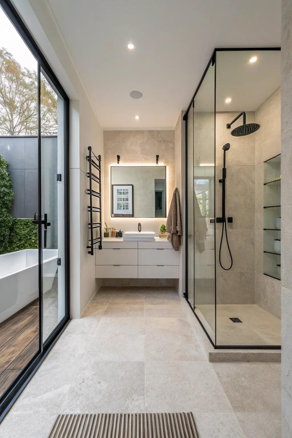 Walk-in showers provide a sleek and accessible design.