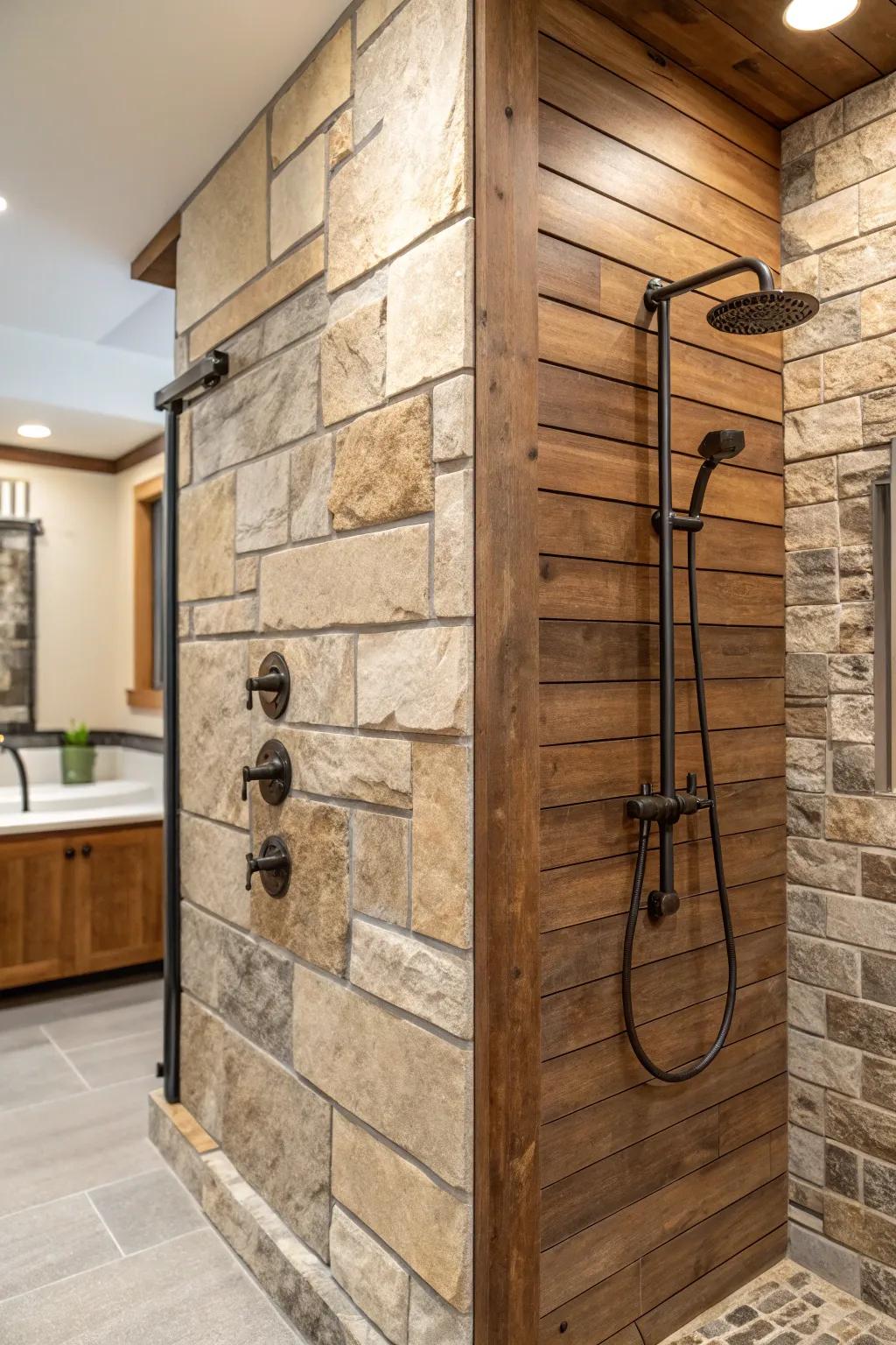 Mixed materials create a rich and textured shower experience.