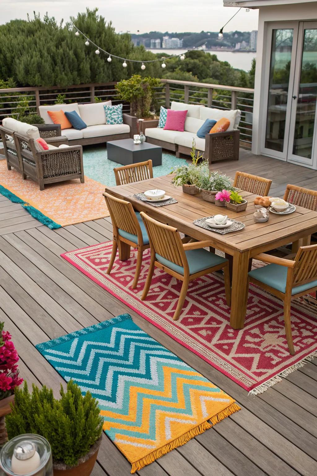 Outdoor rugs bring comfort and style to your deck party.