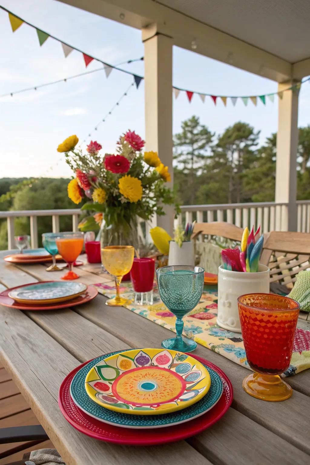 Colorful tableware livens up your deck party setting.