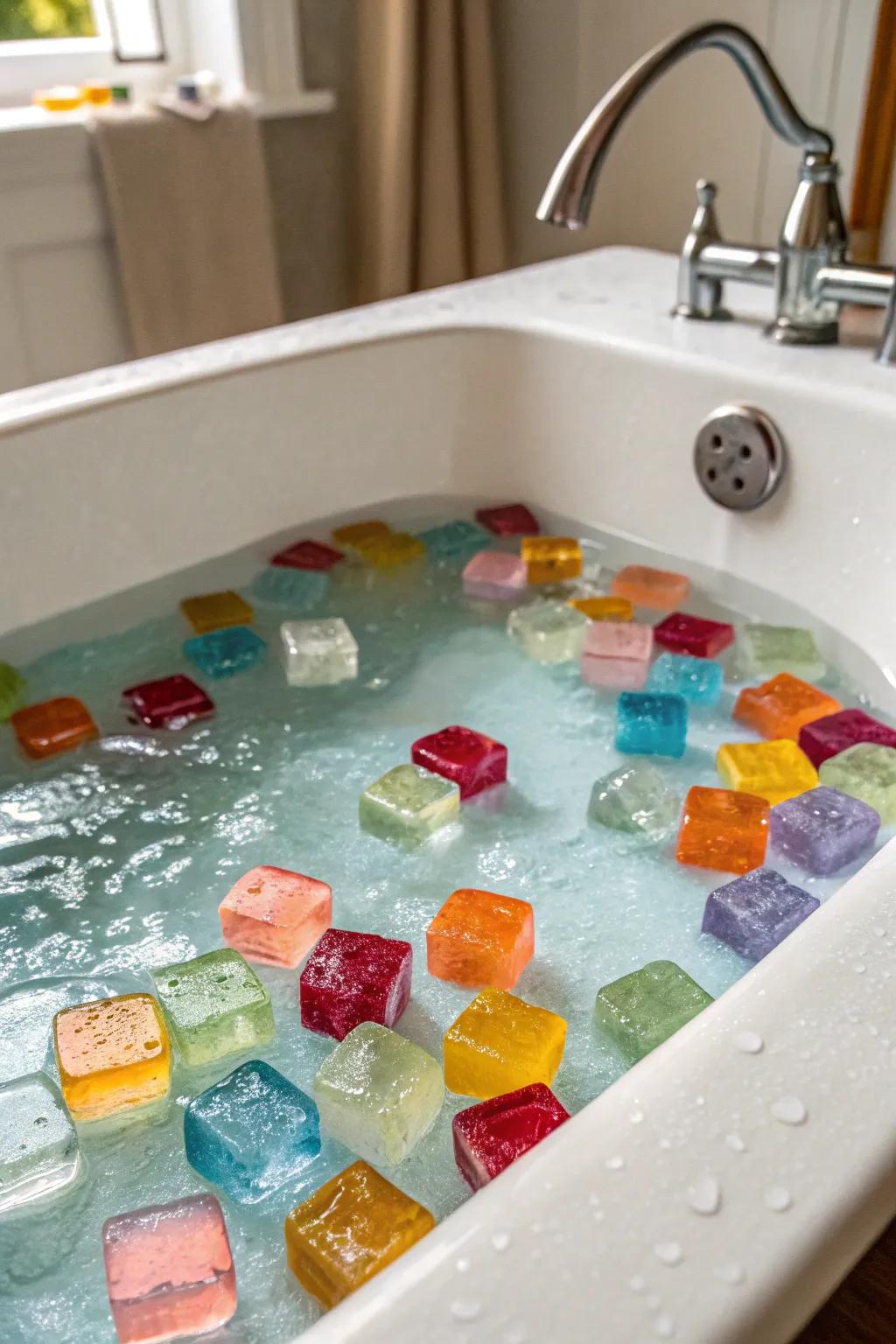 Add a splash of color with vibrant ice cubes in the bath.