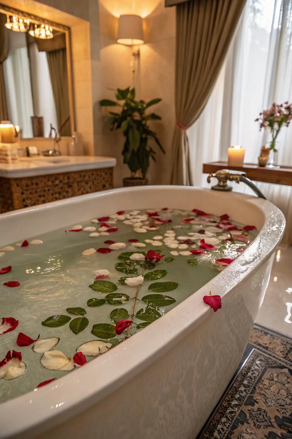 Create a calming bath with natural petals and leaves.
