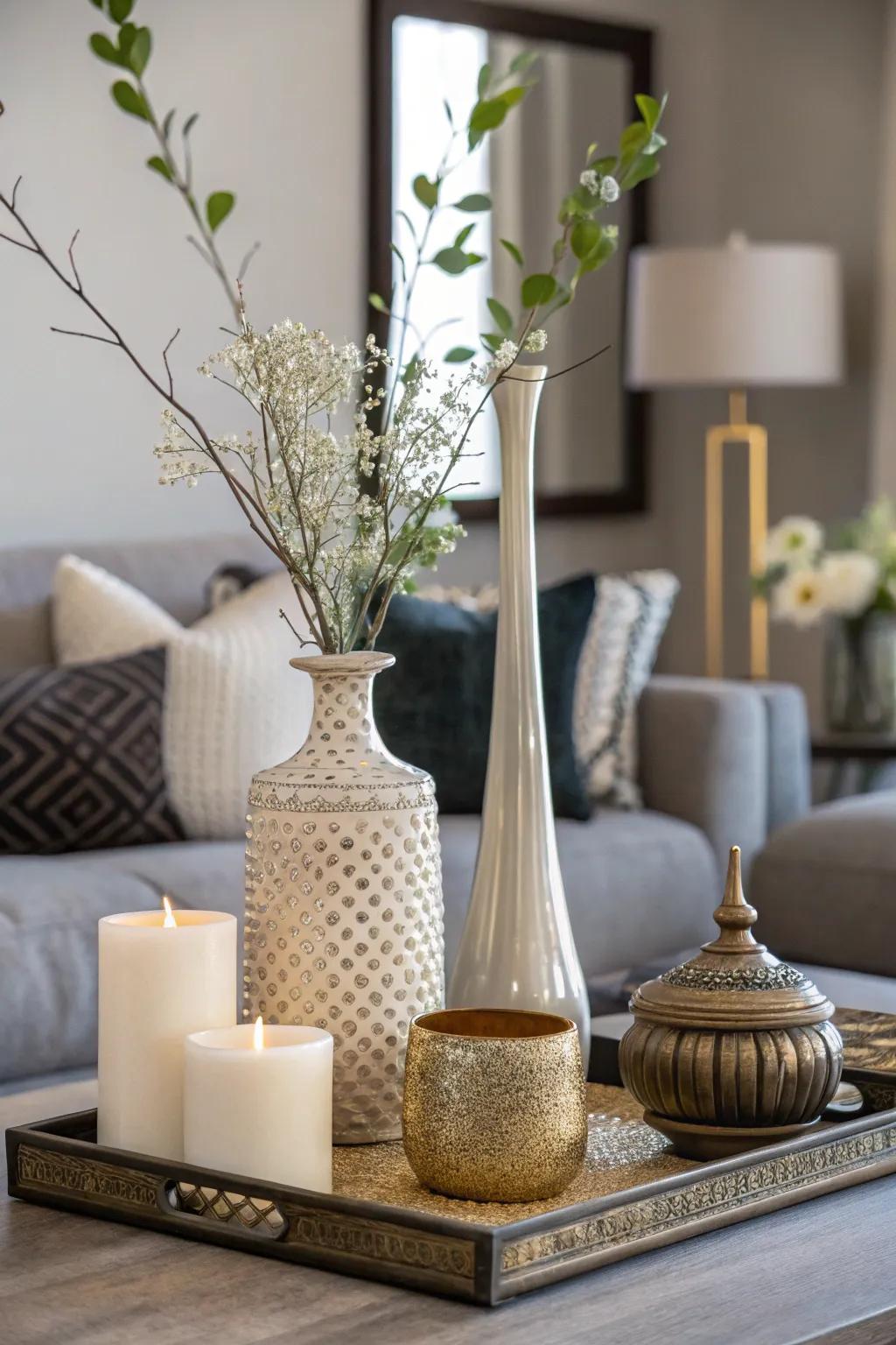 Decor items arranged at different heights for depth and style.