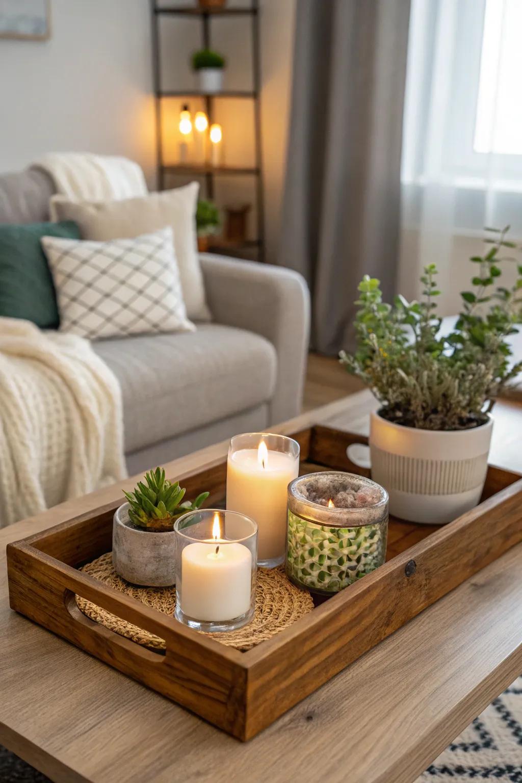 A decorative tray neatly arranges table decor elements.