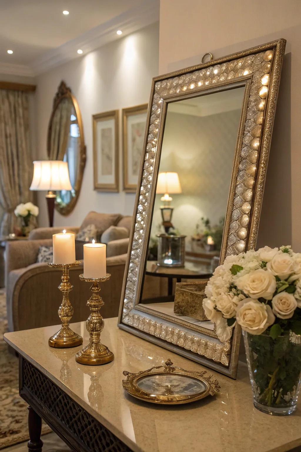 Mirrors enhance brightness and create a spacious feel.