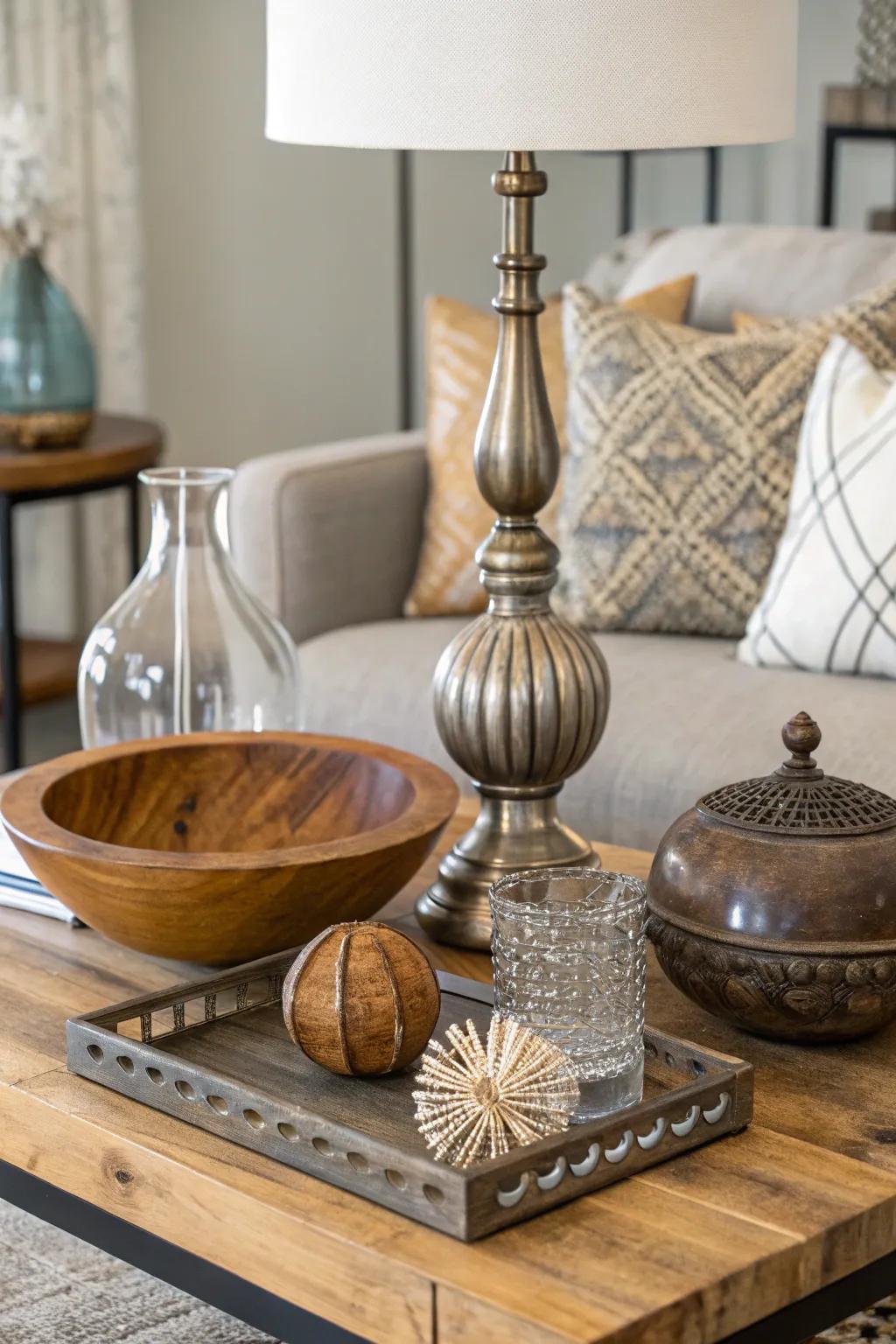 Combining wood, metal, and glass for a rich textural display.