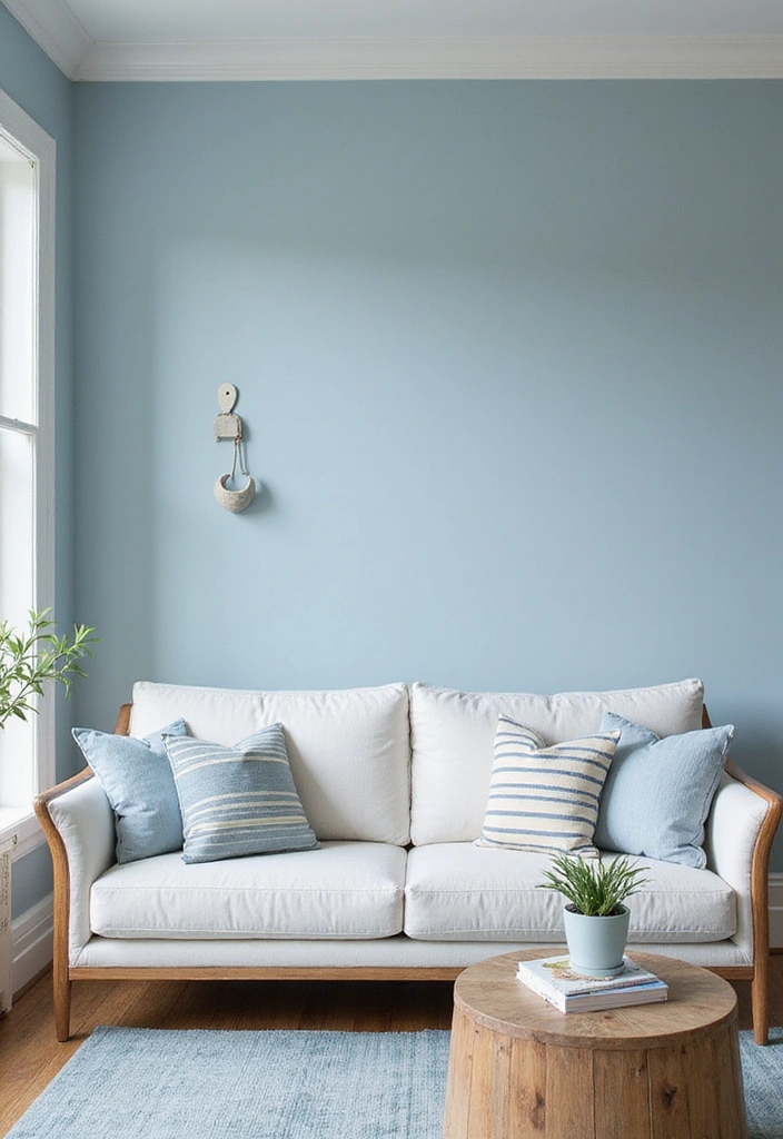 Fun Textiles in Coastal Decor with Soft Blue Walls and White Charcoal Sofa