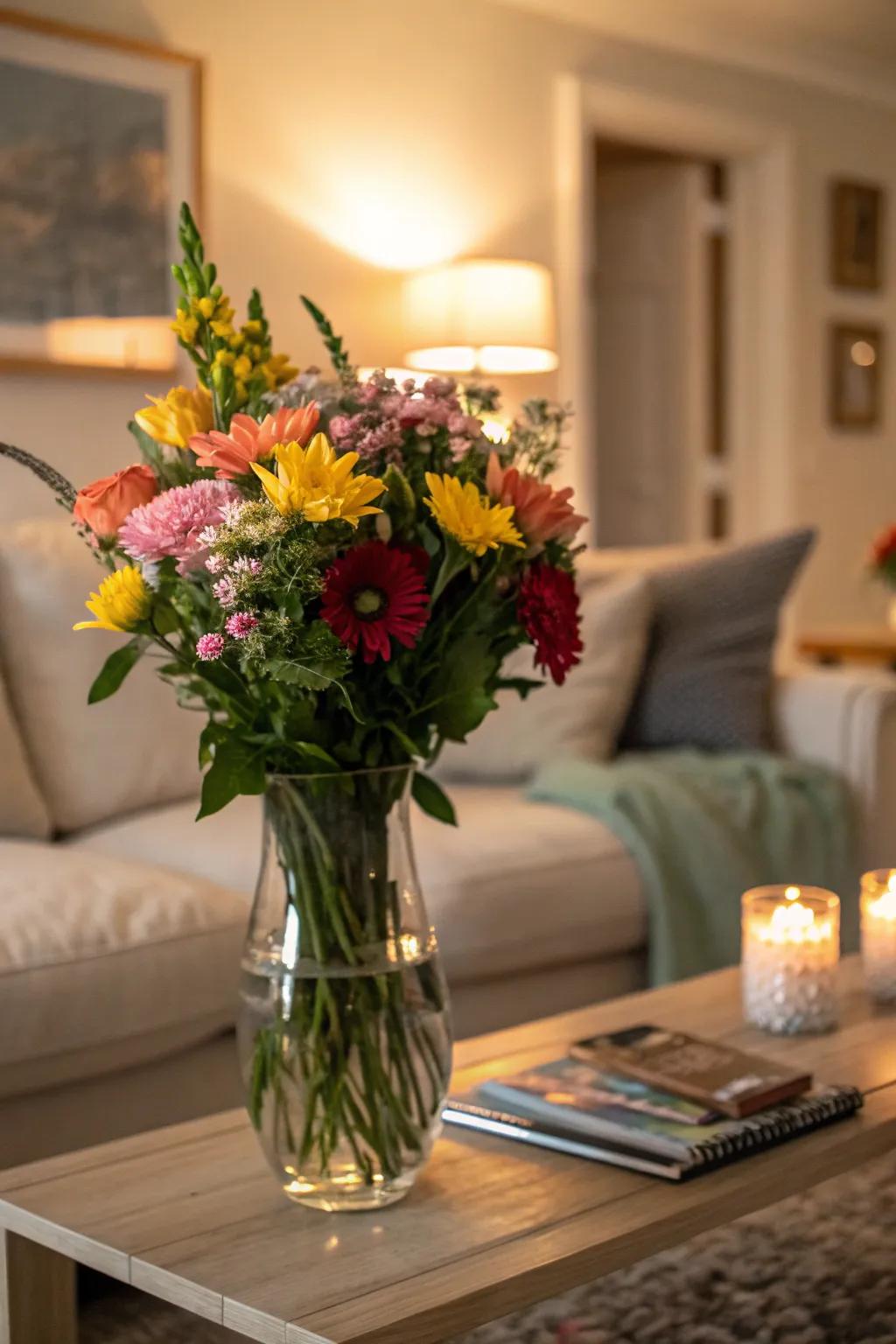 A fresh floral arrangement brightens any living room.