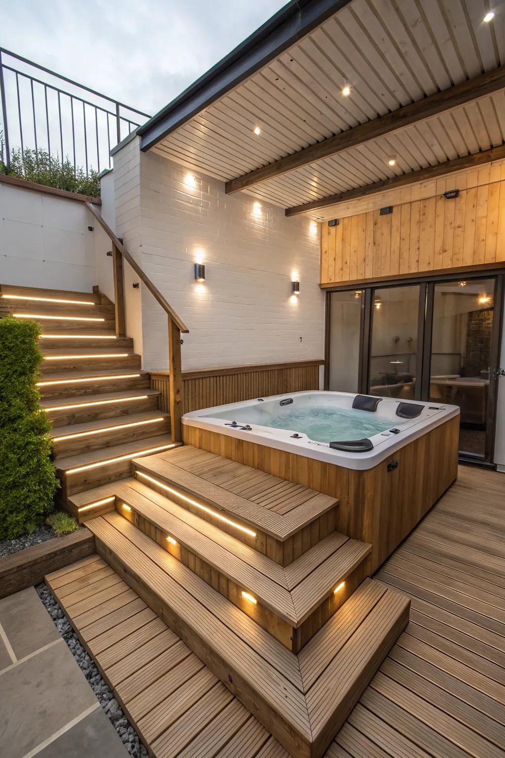 Using different heights adds visual interest around the hot tub.