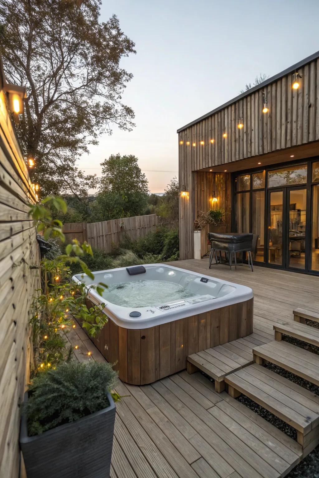 Mixing modern and rustic design elements around the hot tub.