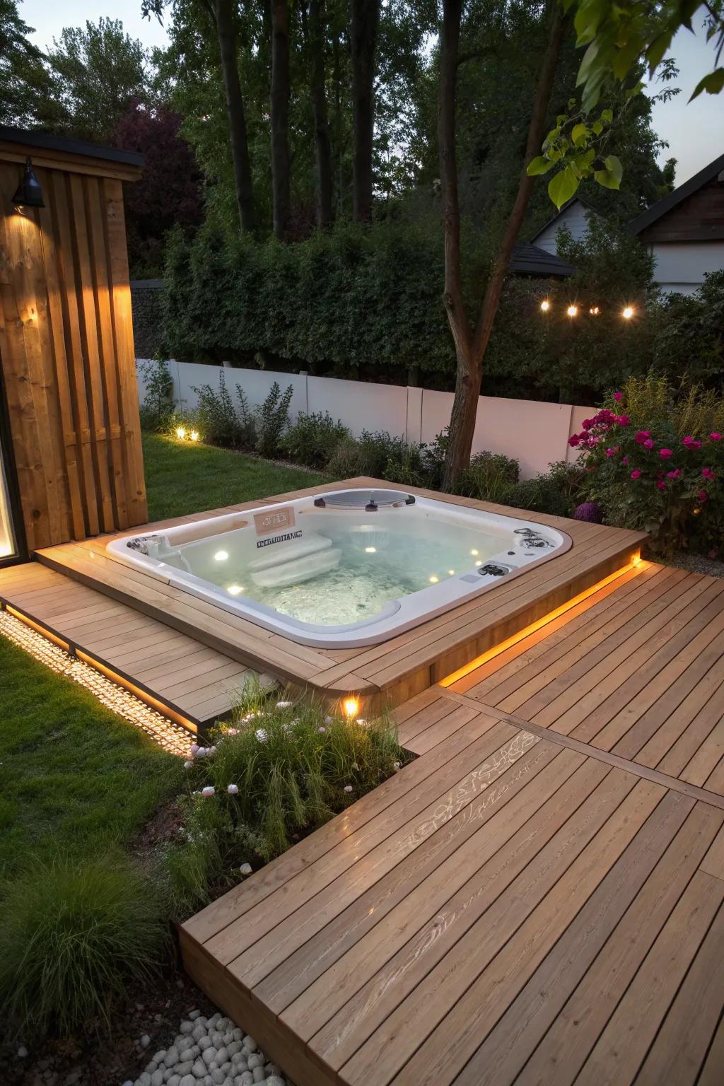 Sunken hot tubs offer a sleek, integrated look.