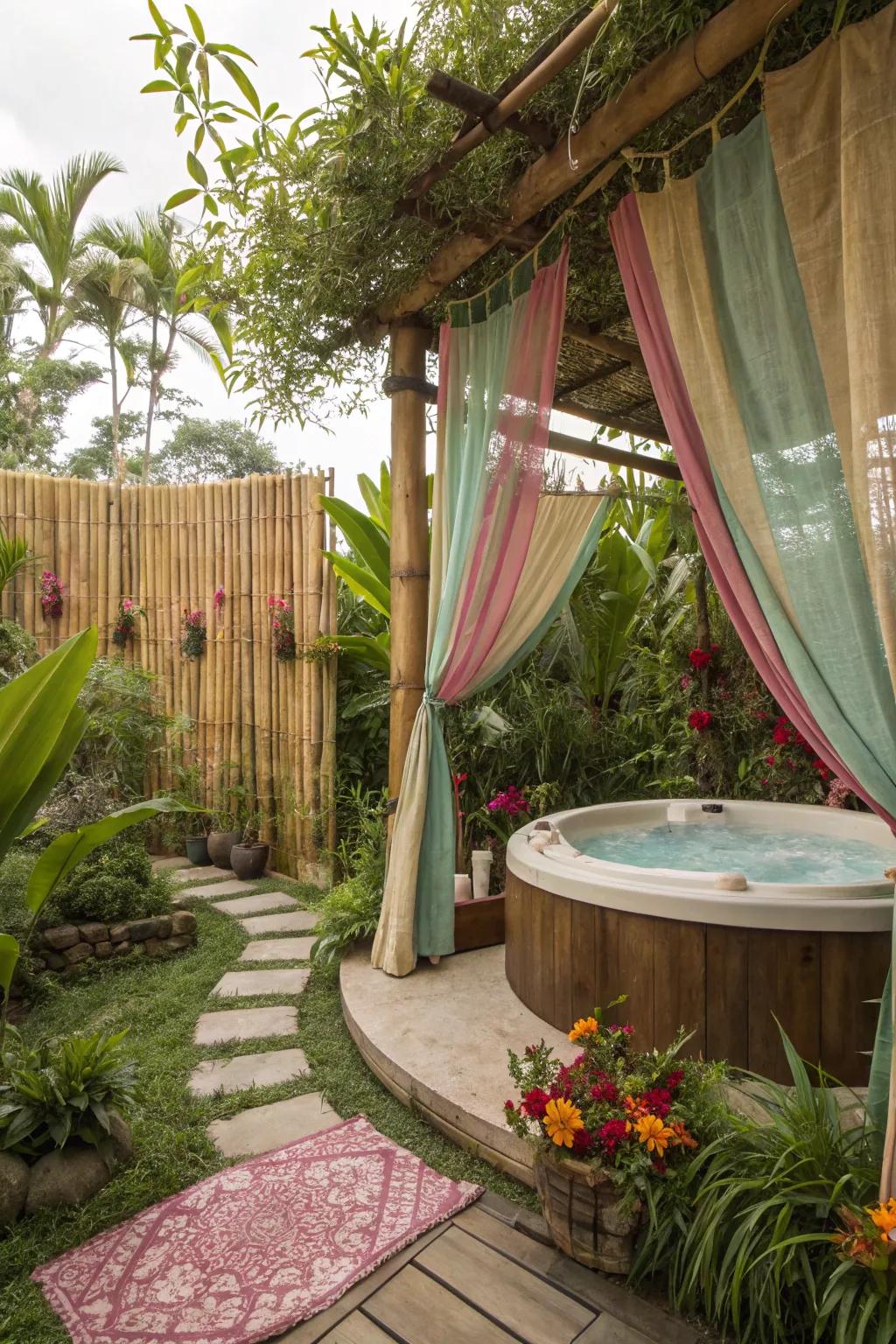 Tropical décor transforms your hot tub into a paradise.