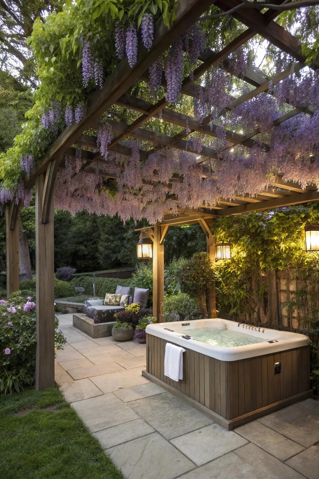 Climbing vines provide shade and fragrance.