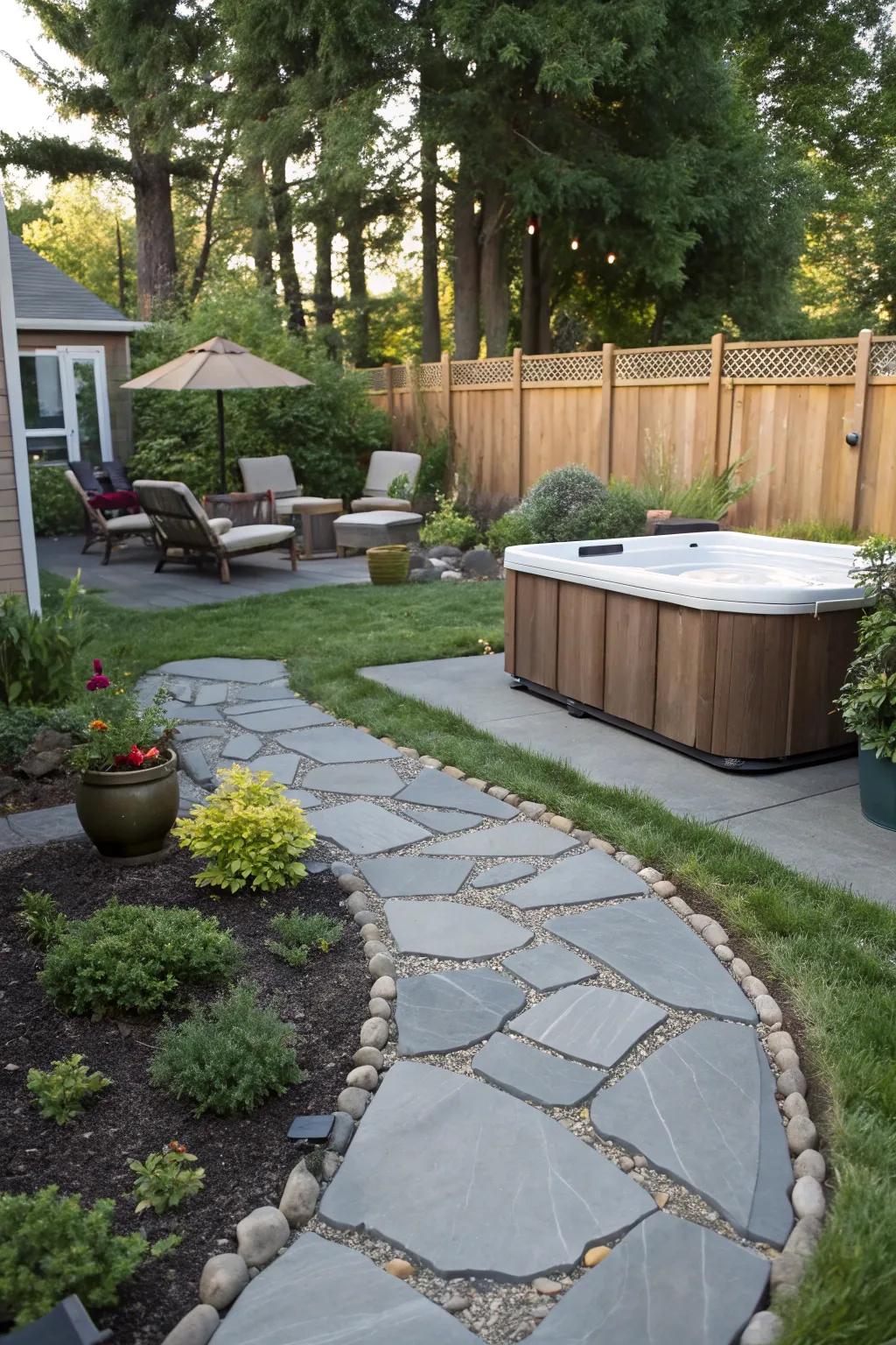 Flagstone paths add rustic charm and functionality.