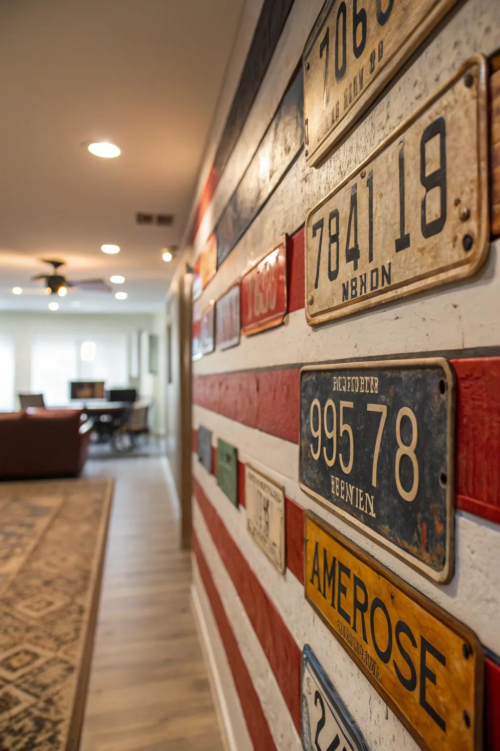 Colorful stripes made from license plates brighten up a wall.