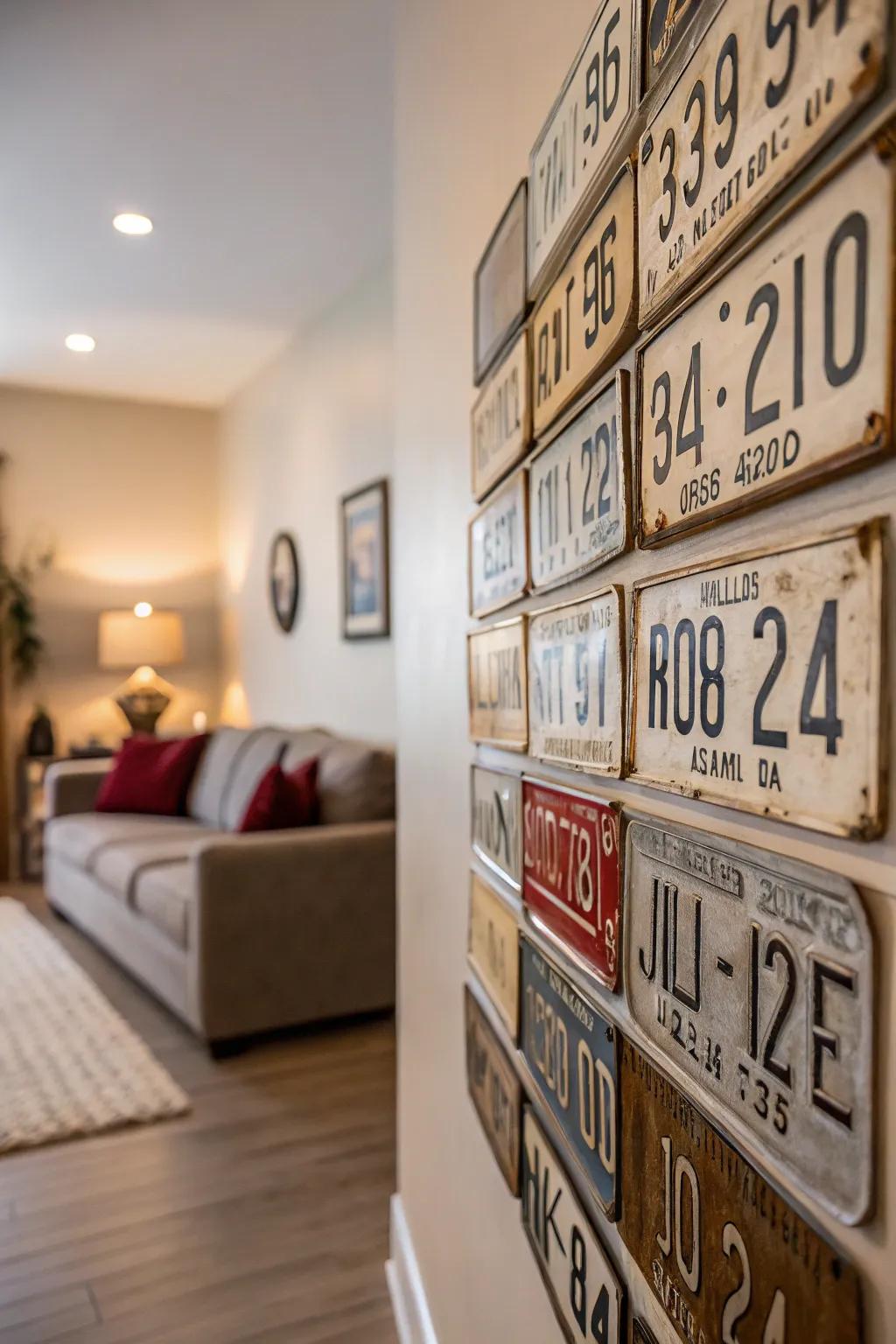A grid arrangement of vintage license plates creates a captivating wall feature.